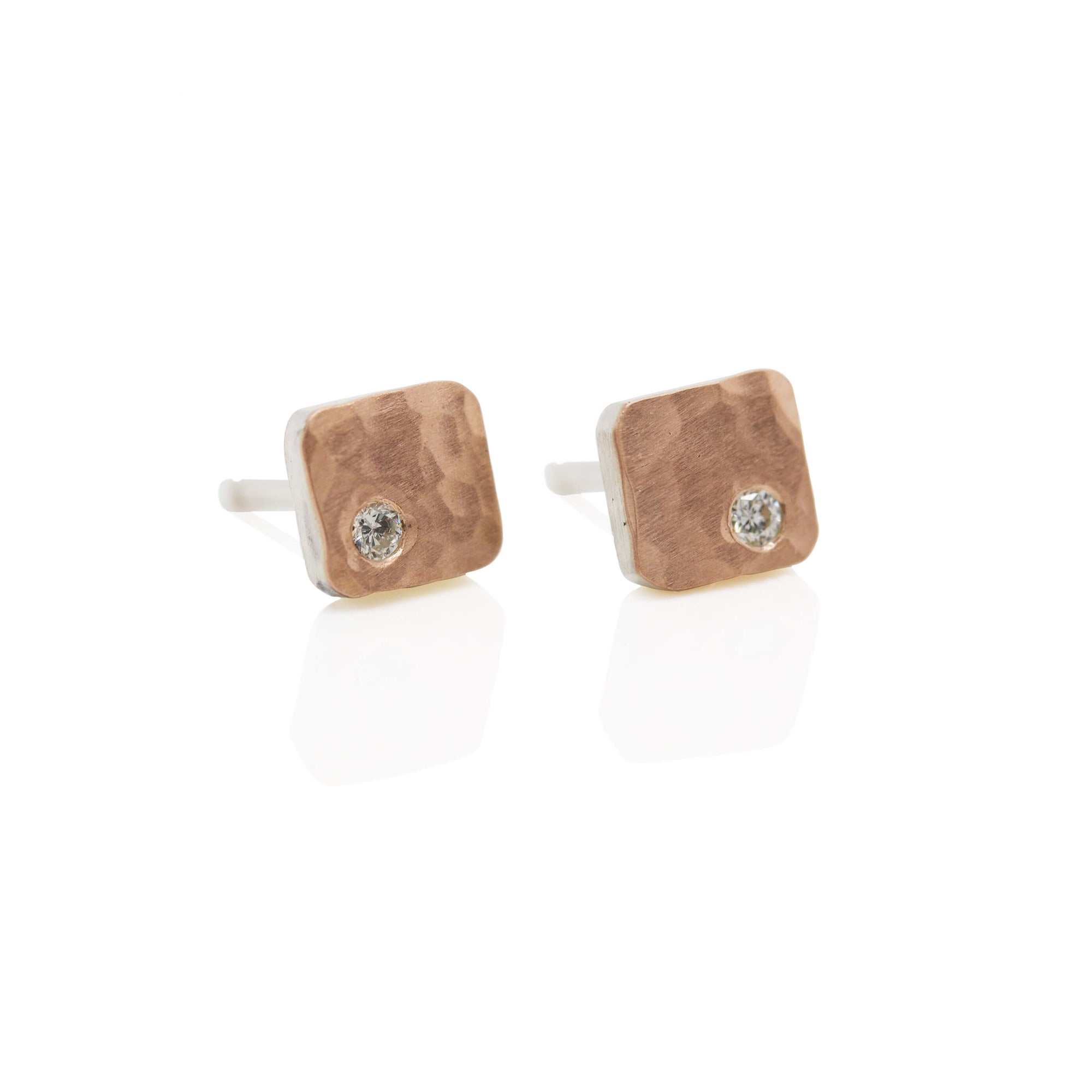 6mm Cell Studs in Hammered Gold with Diamond Accents