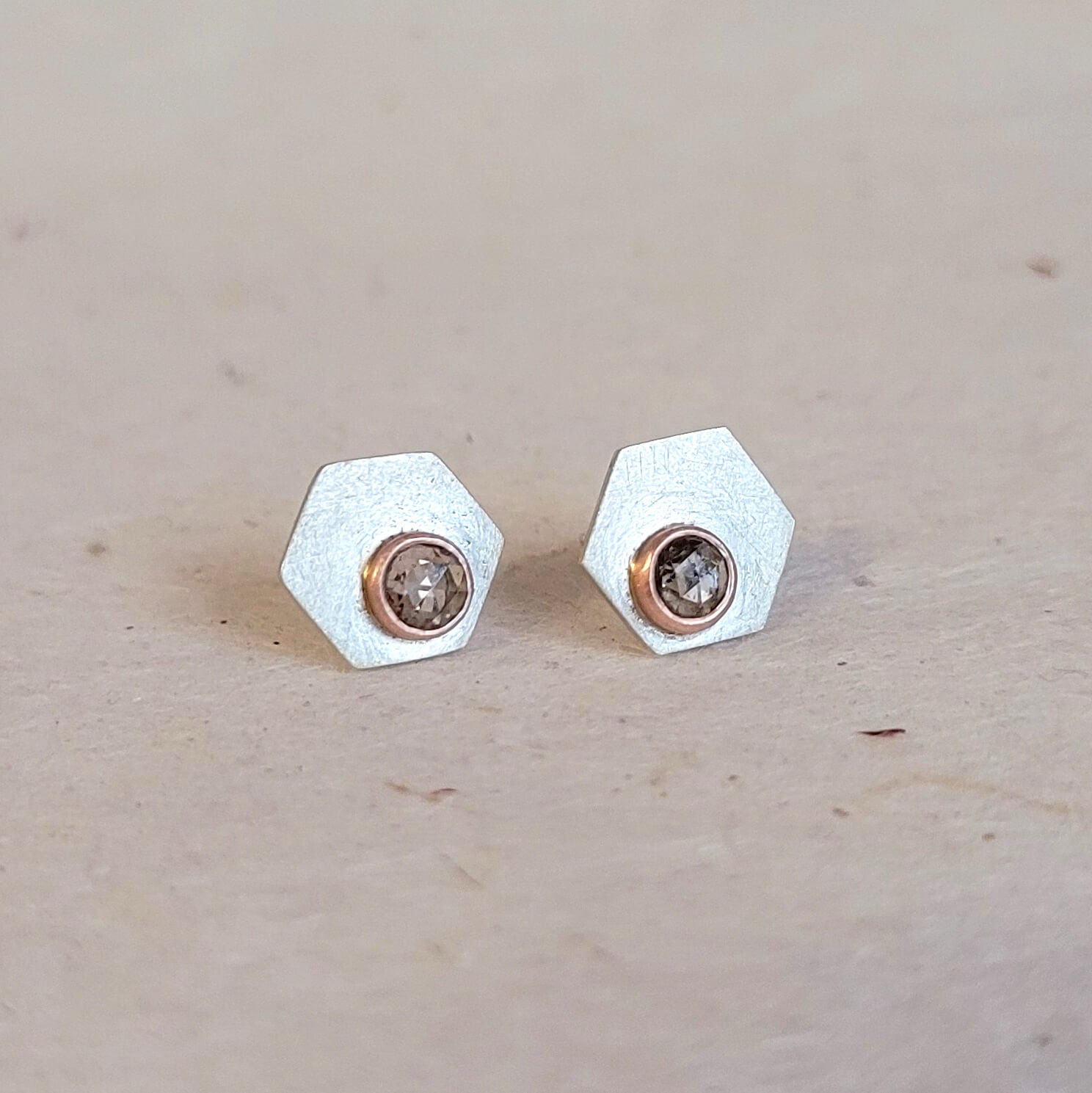 Hexagon Silver Studs with Champagne Diamonds