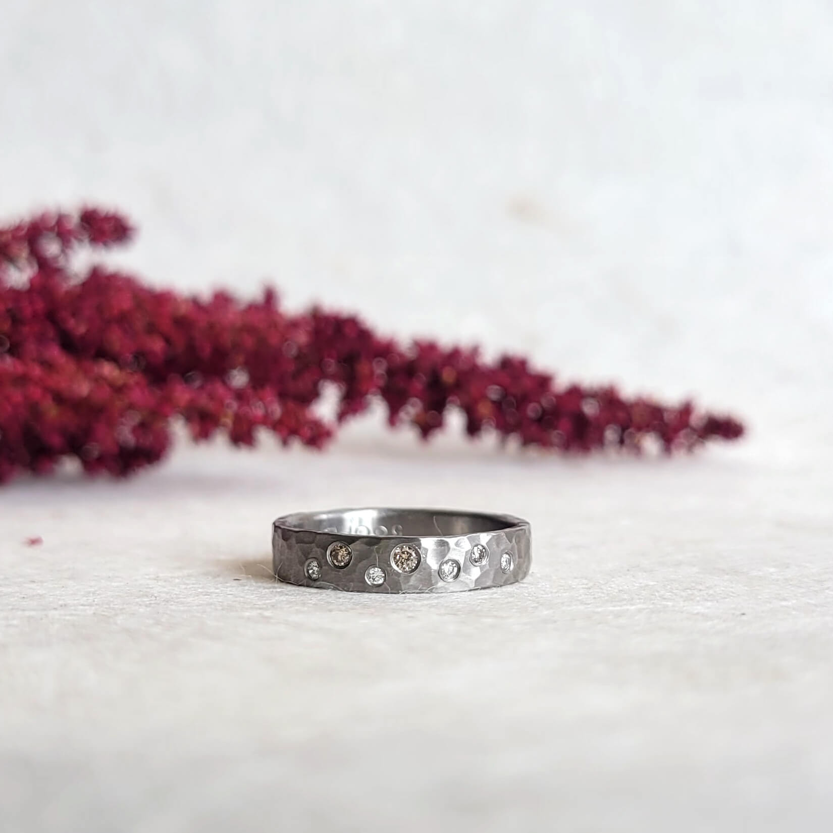 4mm Band in Hammered Palladium with Mixed Diamonds