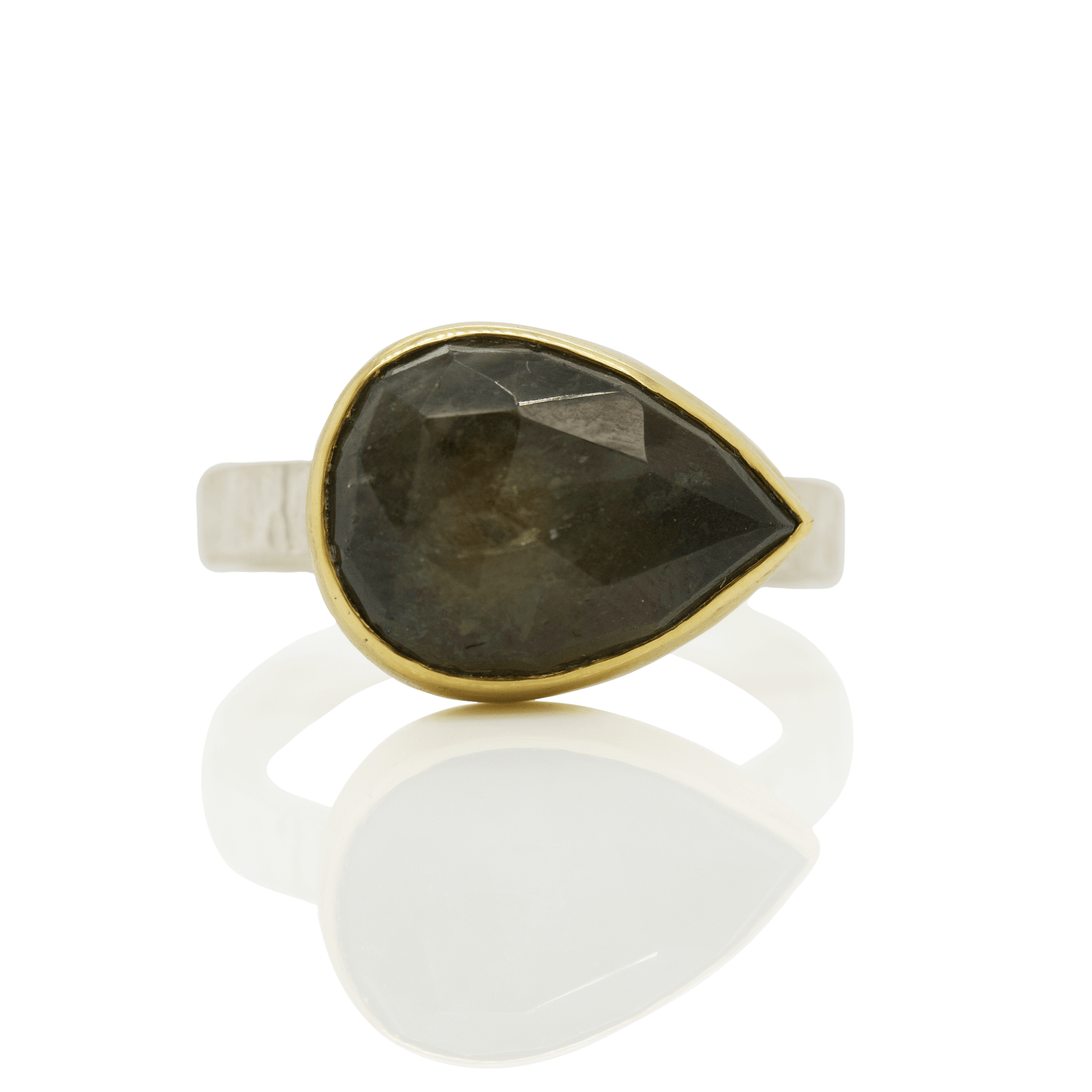 Rose Cut Mossy Green Teardrop Sapphire Ring in Yellow Gold and Silver