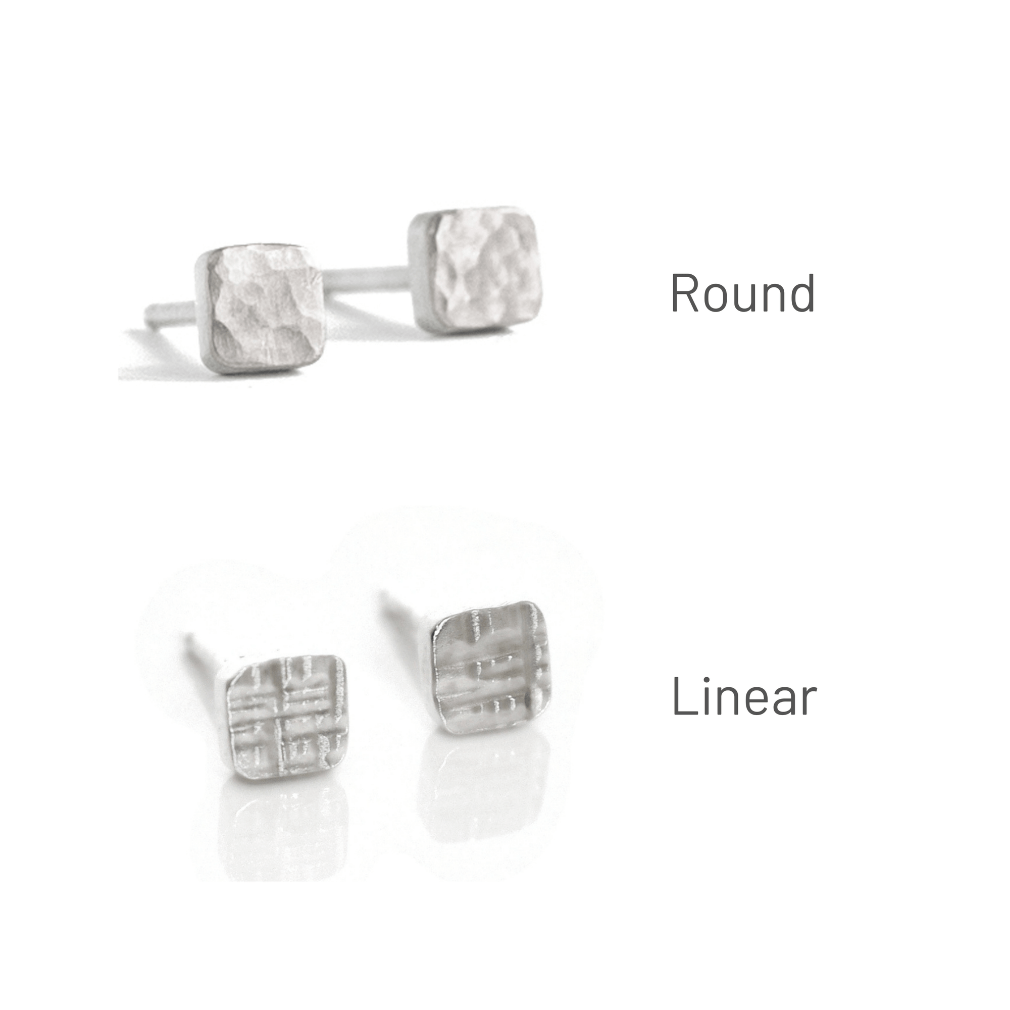 Sterling silver square studs in round and linear hammered finish. Handmade by EC Design Jewelry in Minneapolis, MN using recycled metal.