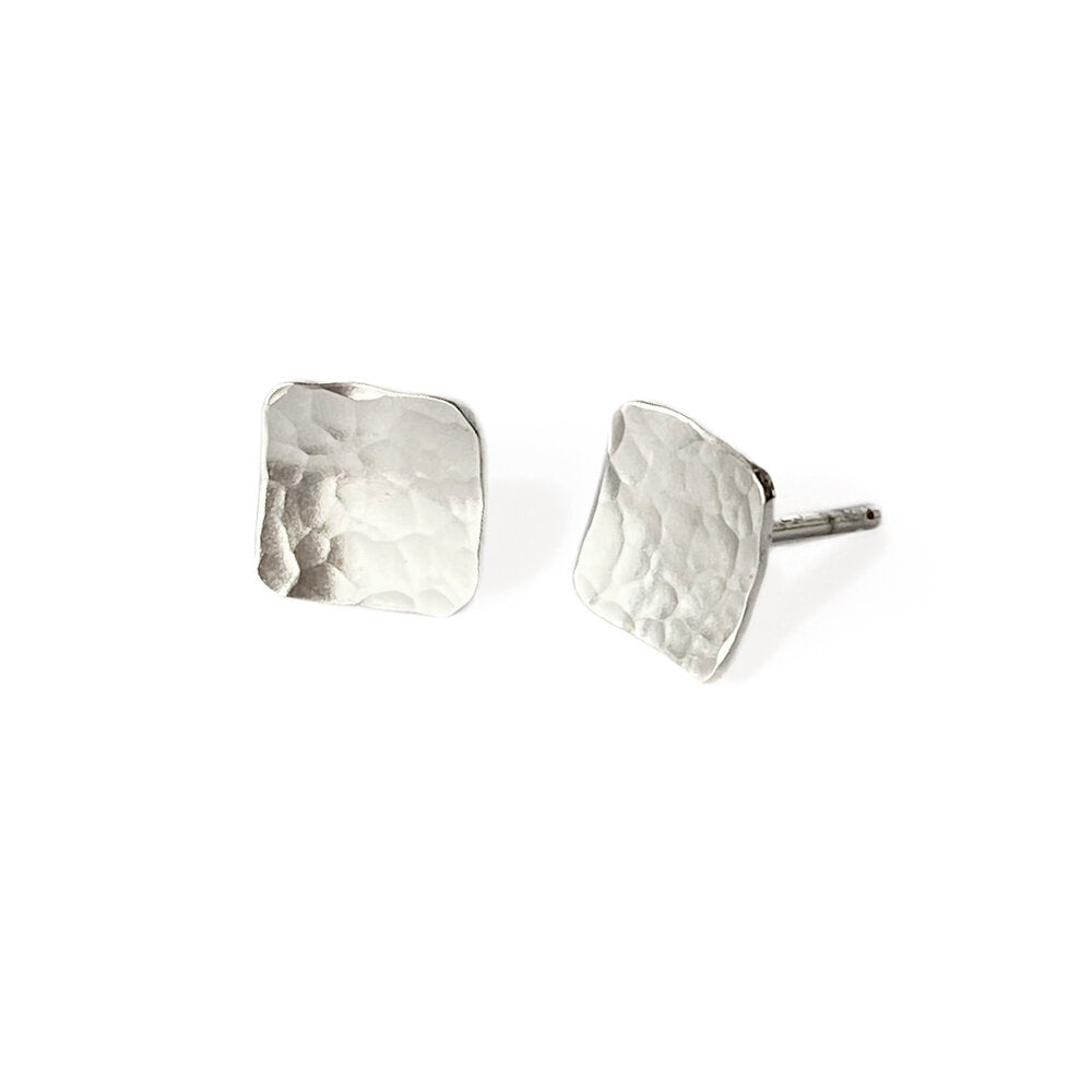 Sterling silver 8mm studs available in round hammered, linear hammered, and satin finish.