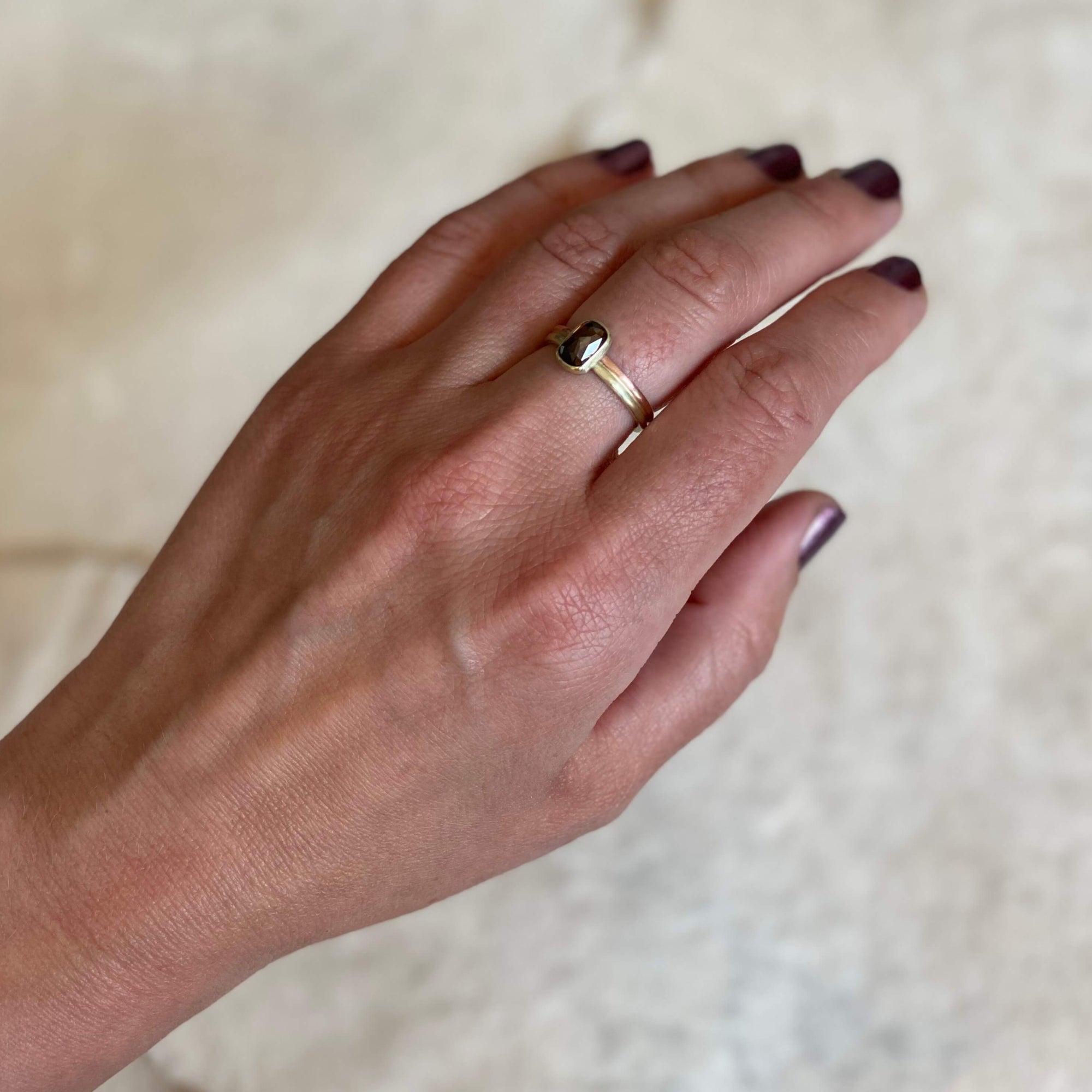 Modern engagement ring with a rose cut champagne diamond on a dual band of rose gold and yellow gold. Handmade with recycled metal and conflict-free stone. Ethically crafted by EC Design Jewelry in Minneapolis, MN.