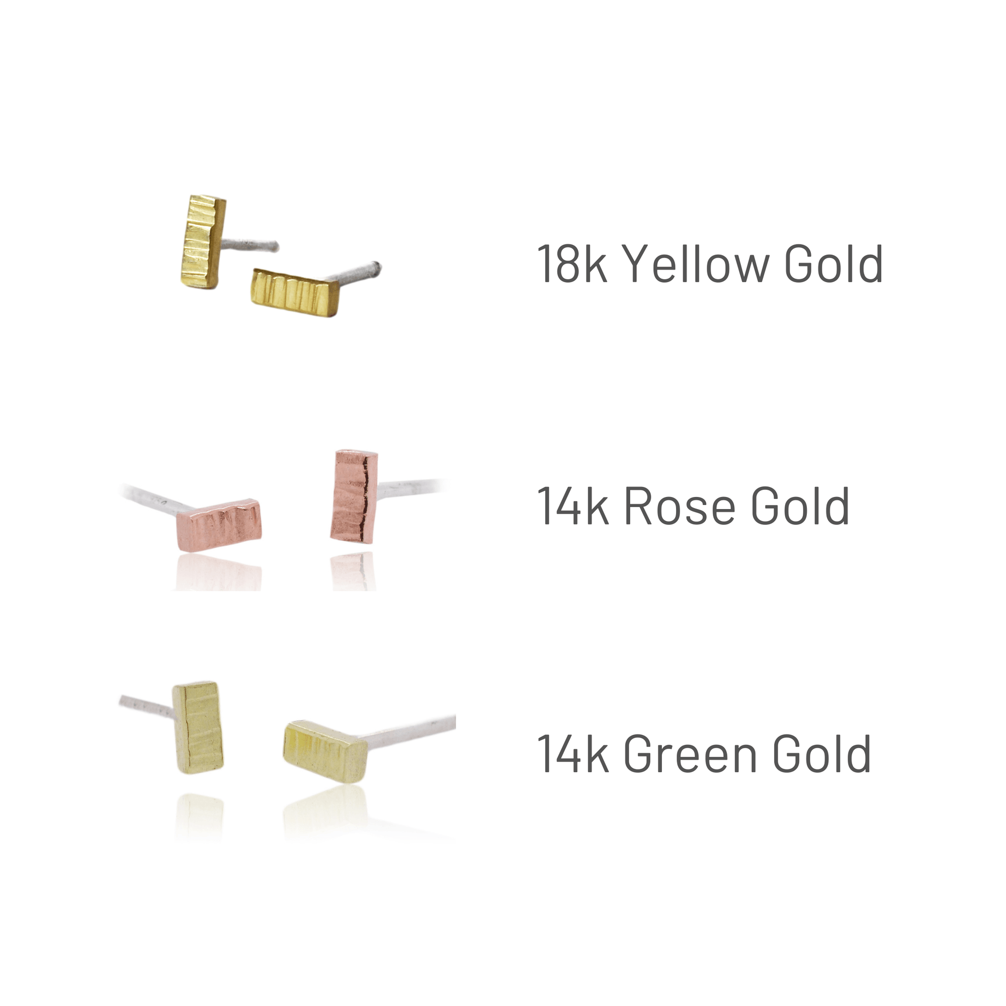 Linear hammered bar studs in yellow, rose, or green gold.