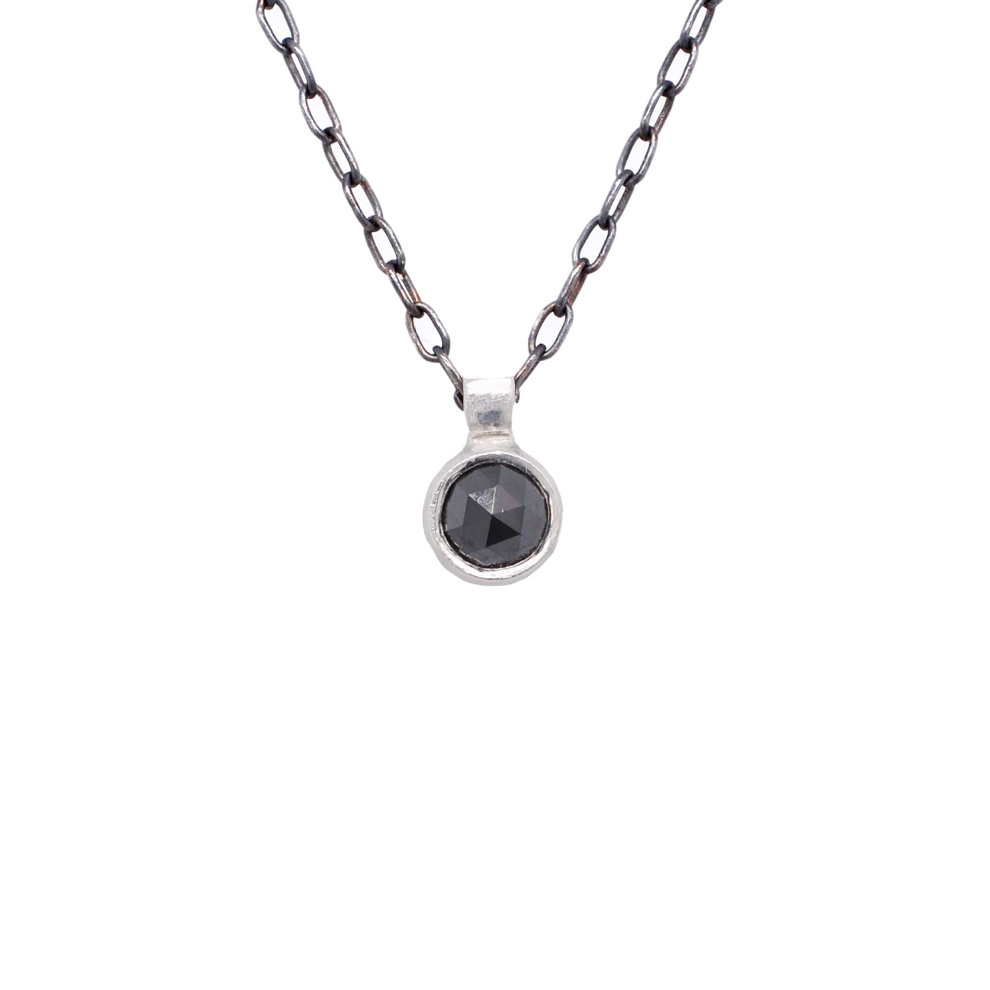 Black rose cut diamond pendant bezel set in sterling silver on an oxidized silver chain. Handmade with recycled metal and conflict-free stone. EC Design Studio, Minneapolis, MN.