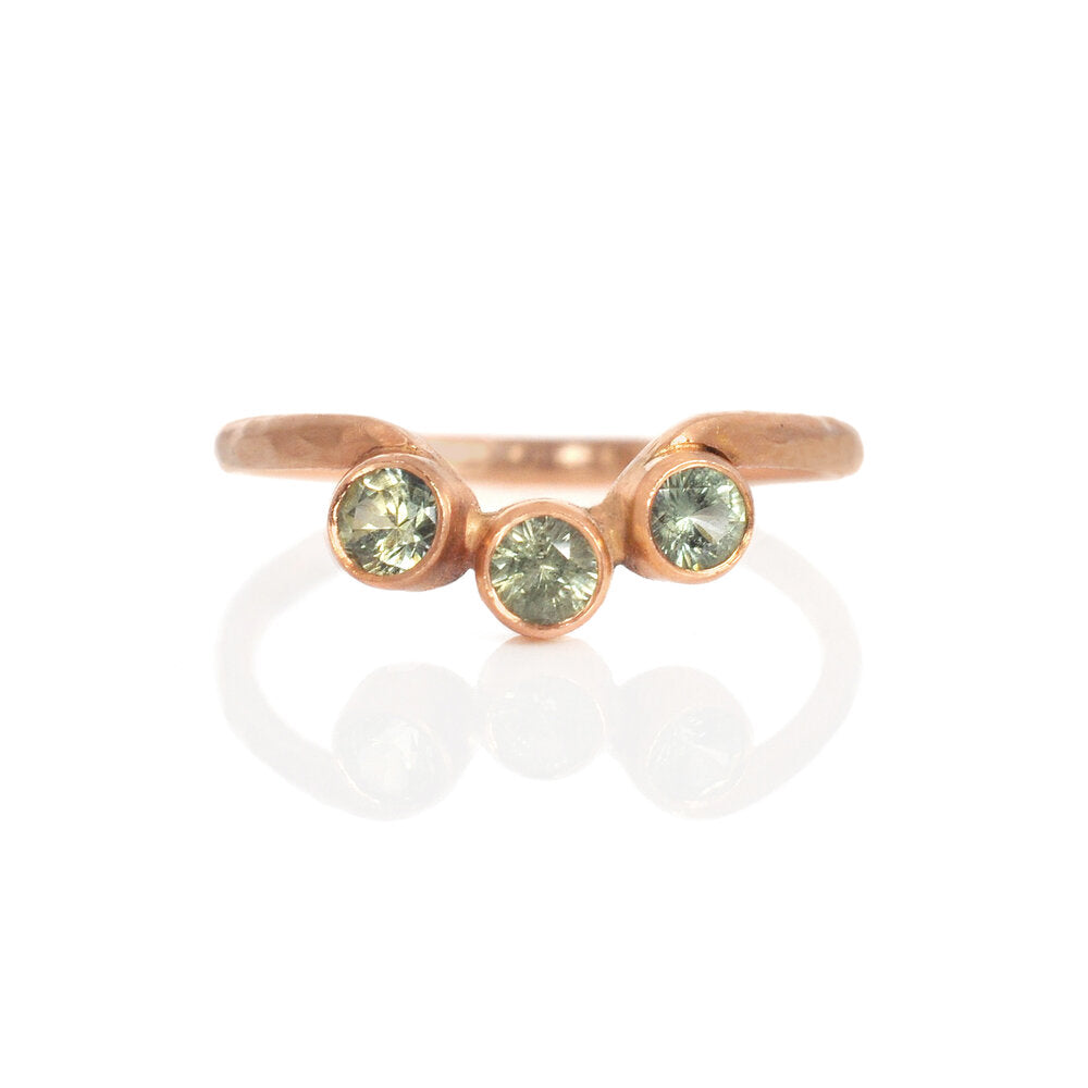 Green Montana sapphires and red gold contoured ring. Handmade in Minneapolis, MN by EC Design Studio using recycled metal and conflict-free stones.