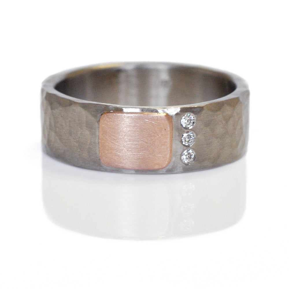 Palladium band with red gold and diamond accents. Handmade by EC Design Jewelry using recycled metal and conflict-free stones.