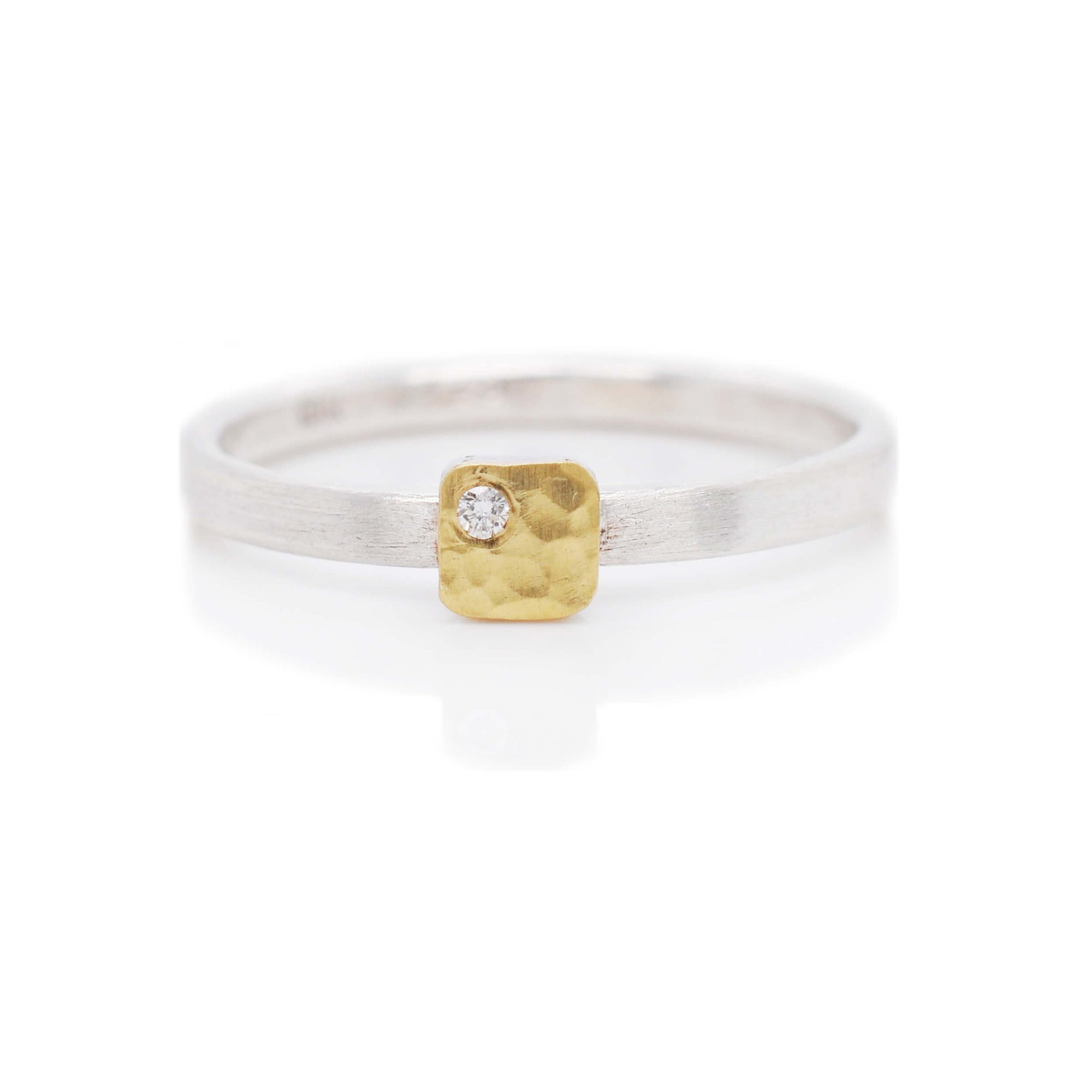 Hammered yellow gold and sterling silver cell ring with white diamond accent. Handmade by EC Design Jewelry in Minneapolis, MN.