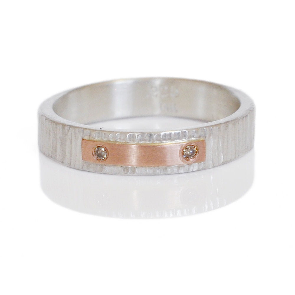 Hammered silver band with red gold and champagne diamond accents. Handmade in Minneapolis, MN by EC Design Studio using recycled metals and conflict-free stones.