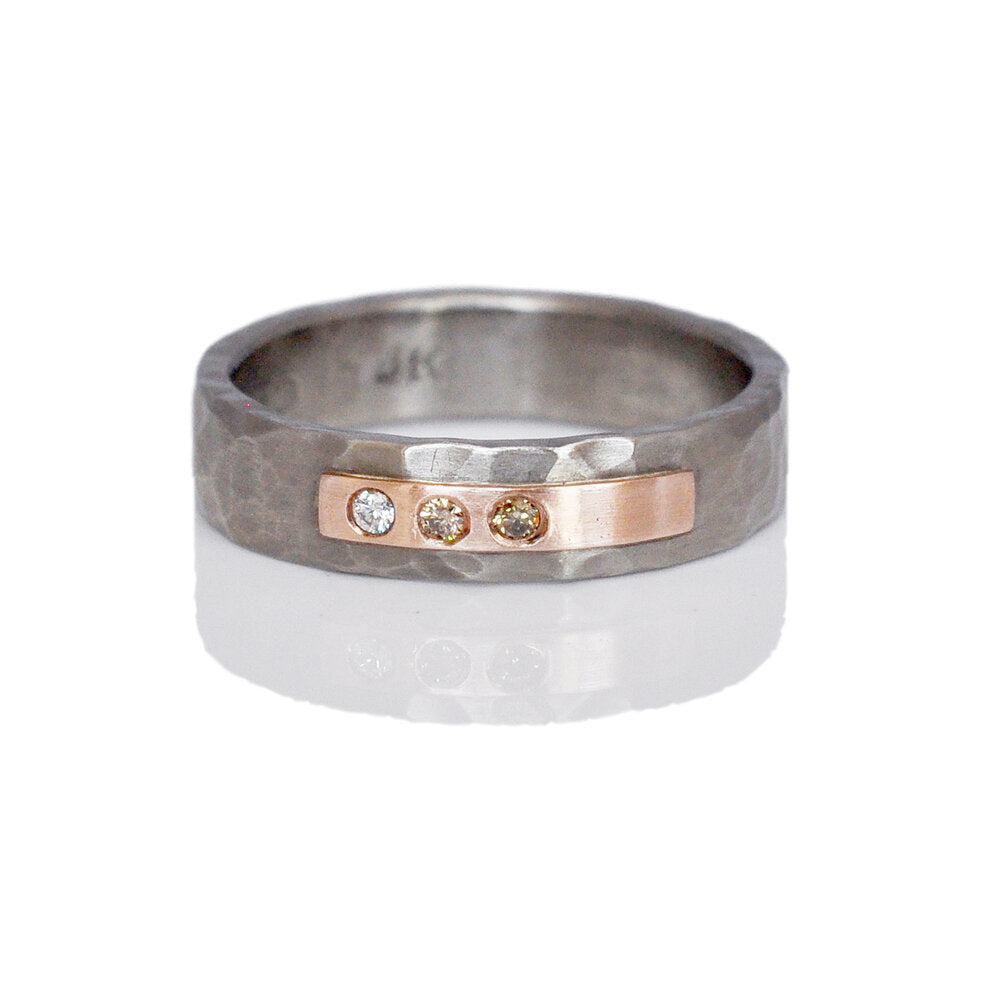 Hammered palladium band with red gold and mixed diamond accents. Handmade in Minneapolis, MN by EC Design Studio using recycled metals and conflict-free stones.