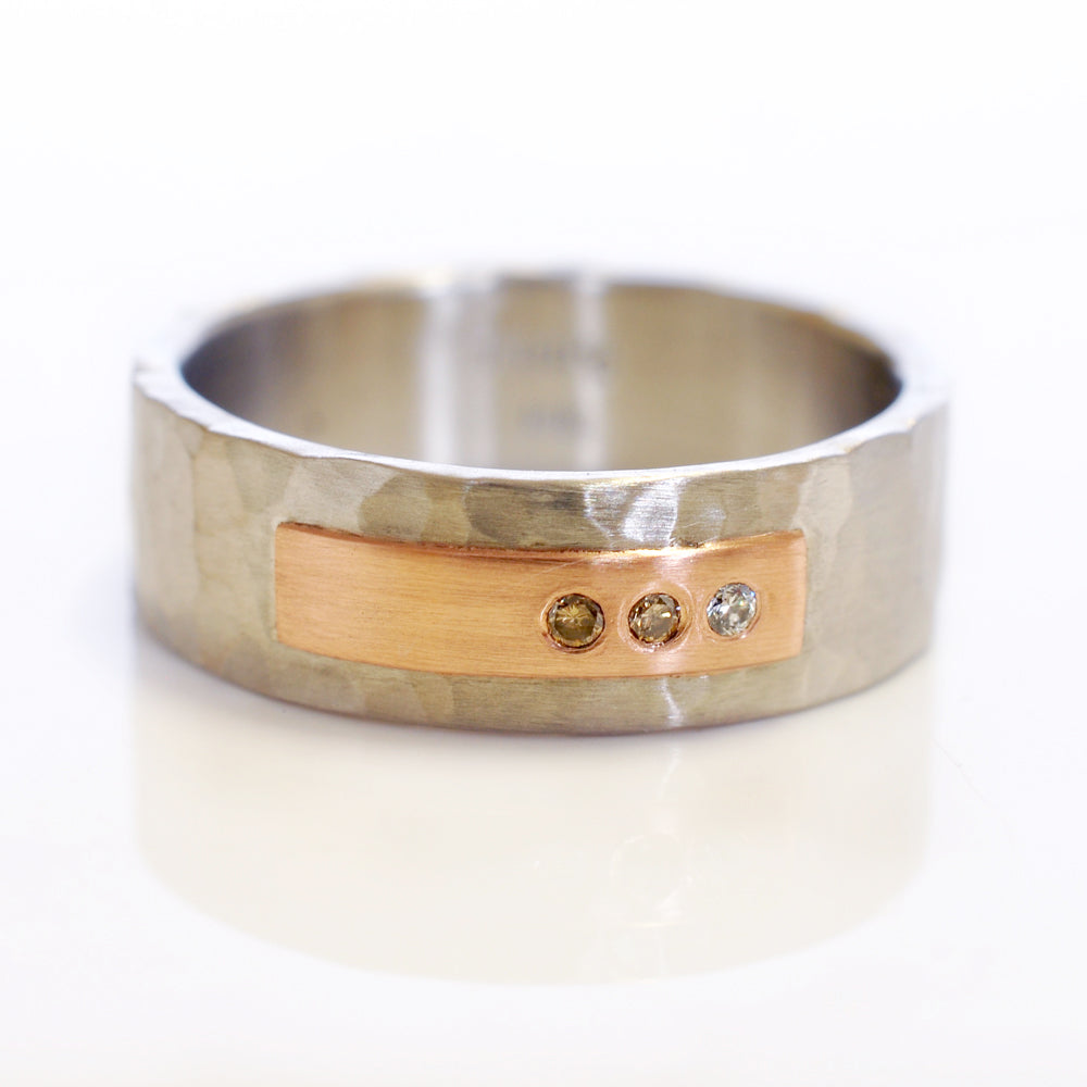 Palladium and red gold band with mixed diamonds. Handmade by EC Design Jewelry in Minneapolis, MN using recycled metal and conflict-free stones.