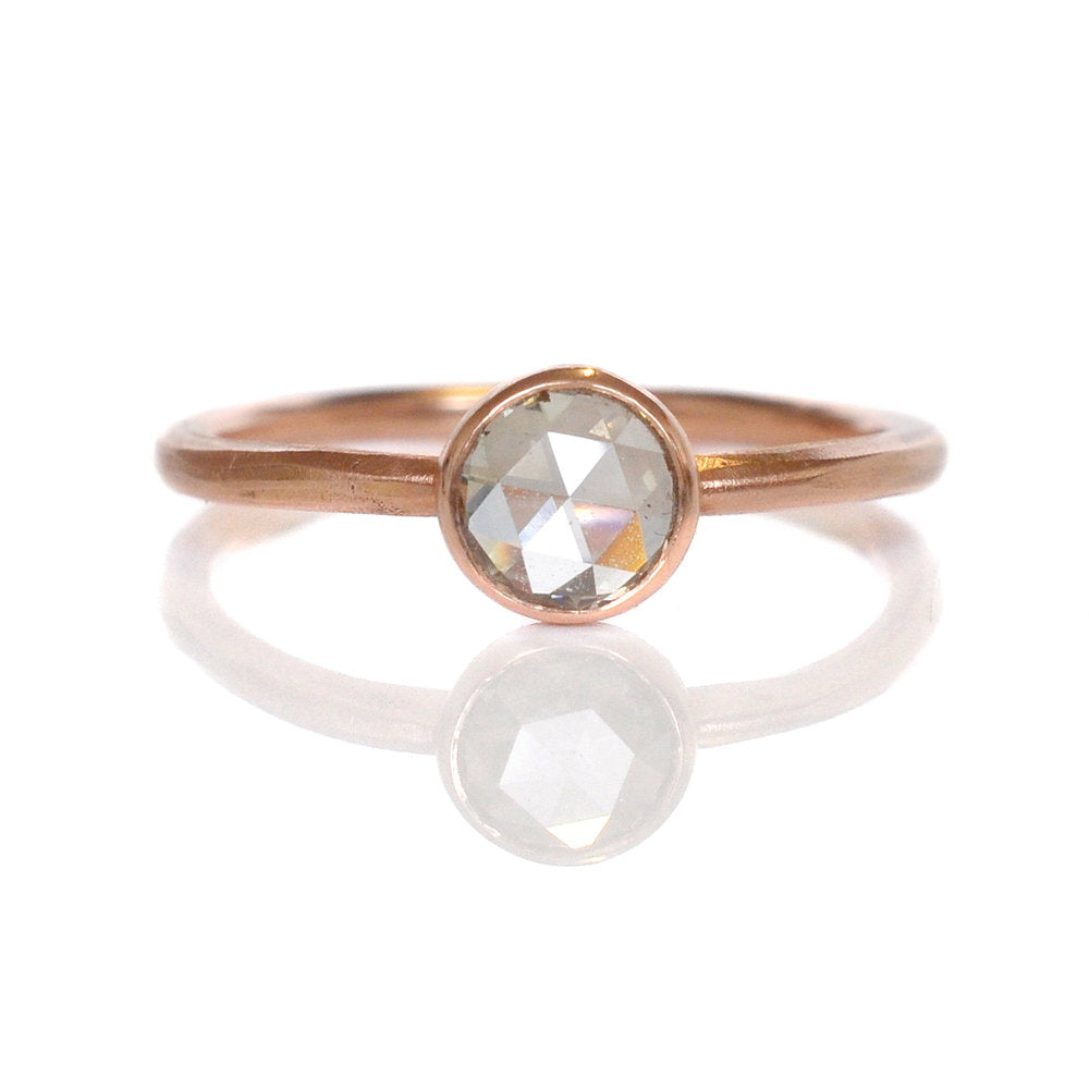 Rose cut champagne diamond solitaire in satin finished rose gold. Handmade by EC Design Jewelry in Minneapolis, MN using recycled metal and conflict-free stone.