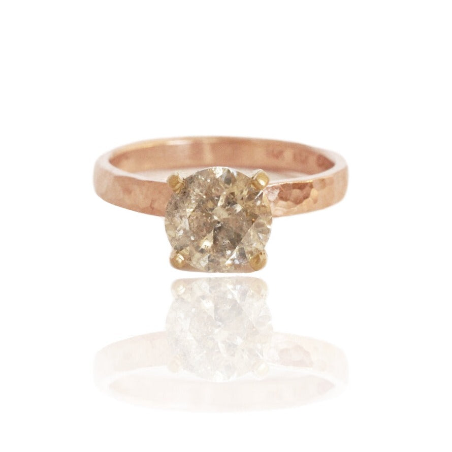 Brown sugar round brilliant diamond prong set in yellow gold on a red gold band. Handmade engagement ring by EC Design.