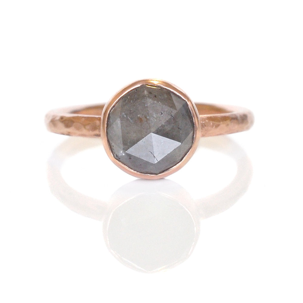 Gray diamond engagement ring set in red gold. Handmade with recycled metal and conflict-free stone. Ethically crafted by EC Design Jewelry in Minneapolis, MN.