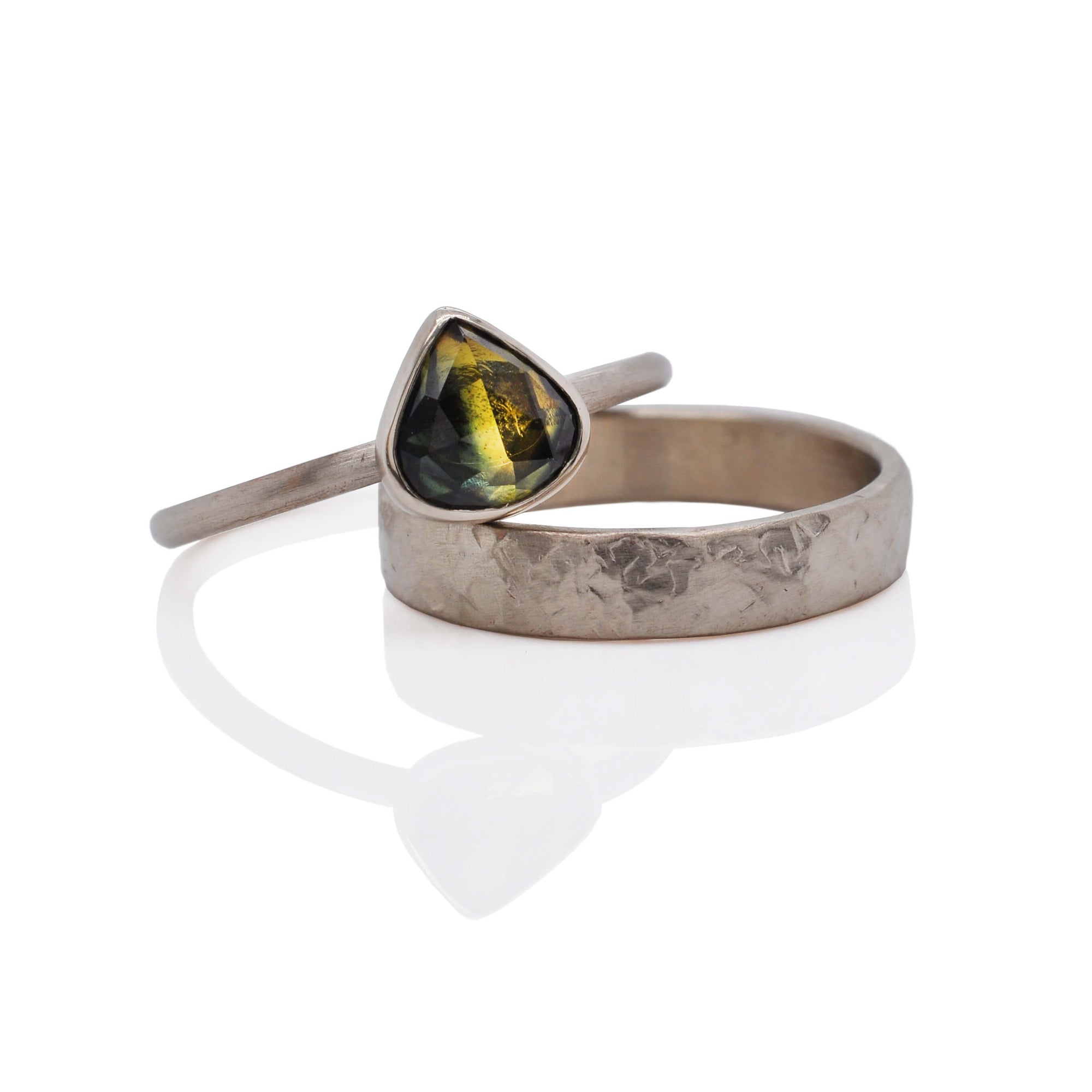 Custom Engagement Ring, 1.11ct Australian Parti-sapphire, pear rosecut, 14k white gold bezel, point up, on 1.6mm satin finish, 14k white gold, size 8.5