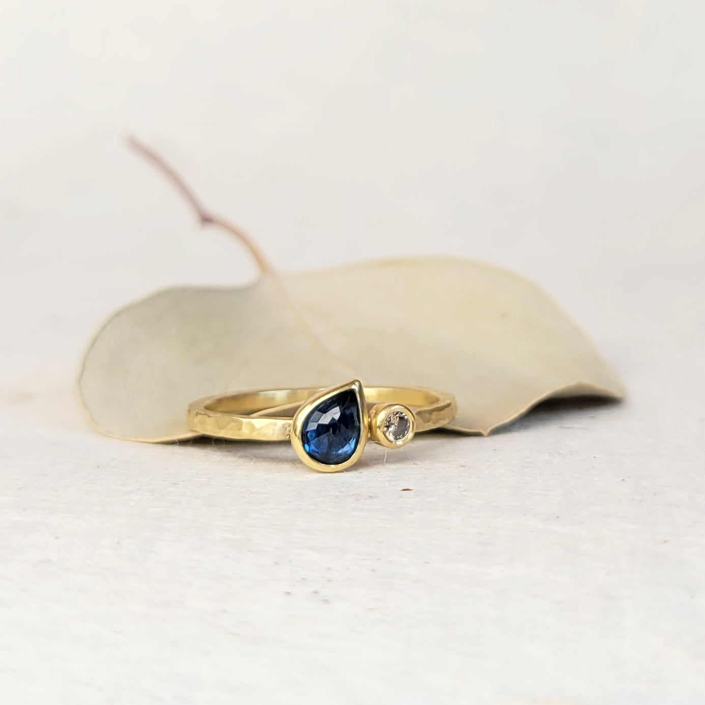 Blue Teardrop Sapphire and Champagne Diamond Ring in Yellow Gold