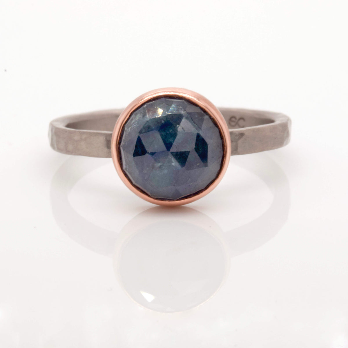 Blue Sapphire Ring in Rose Gold and Hammered Palladium