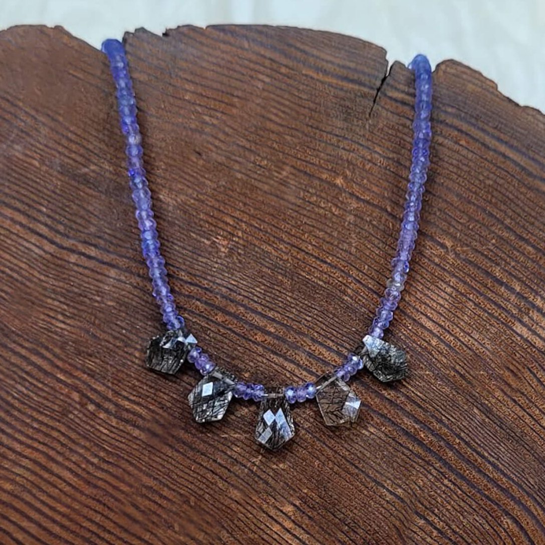 Tanzanite Faceted Bead Strand with Tourmalated Quartz Daggers