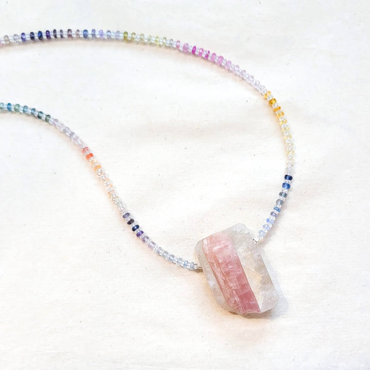 Pink Tourmaline Crystal in Quartz Matrix with Rainbow Sapphire Beads