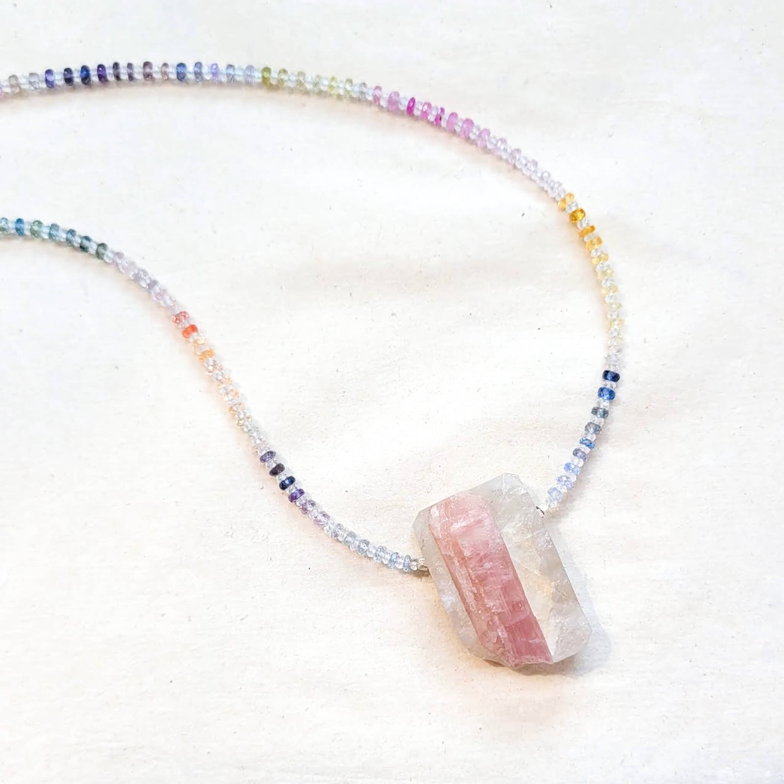 Pink Tourmaline Crystal in Quartz Matrix with Rainbow Sapphire Beads
