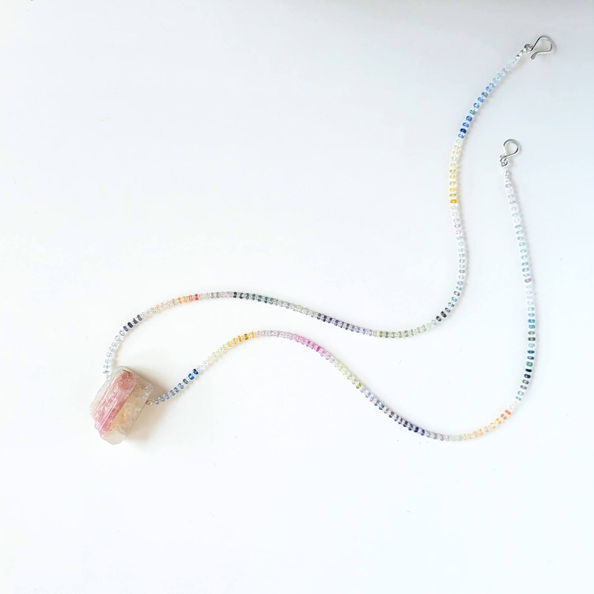 Pink Tourmaline Crystal in Quartz Matrix with Rainbow Sapphire Beads