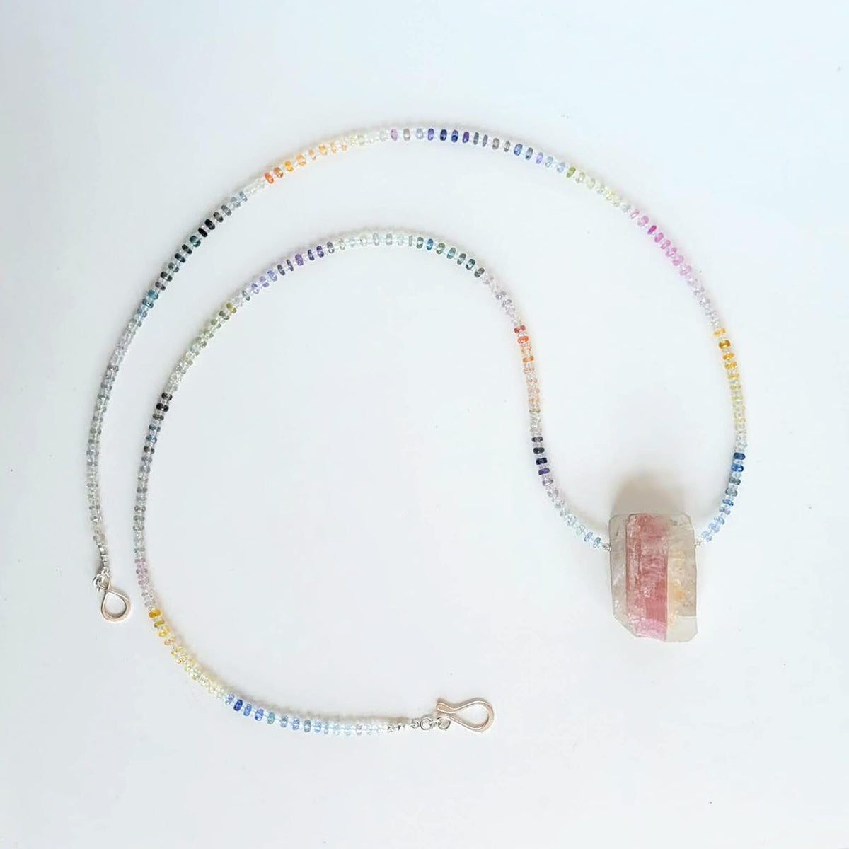 Pink Tourmaline Crystal in Quartz Matrix with Rainbow Sapphire Beads