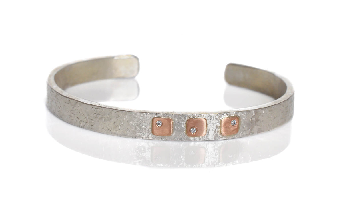 6mm Cell Cuff in Hammered Sterling Silver with White Diamond Accent