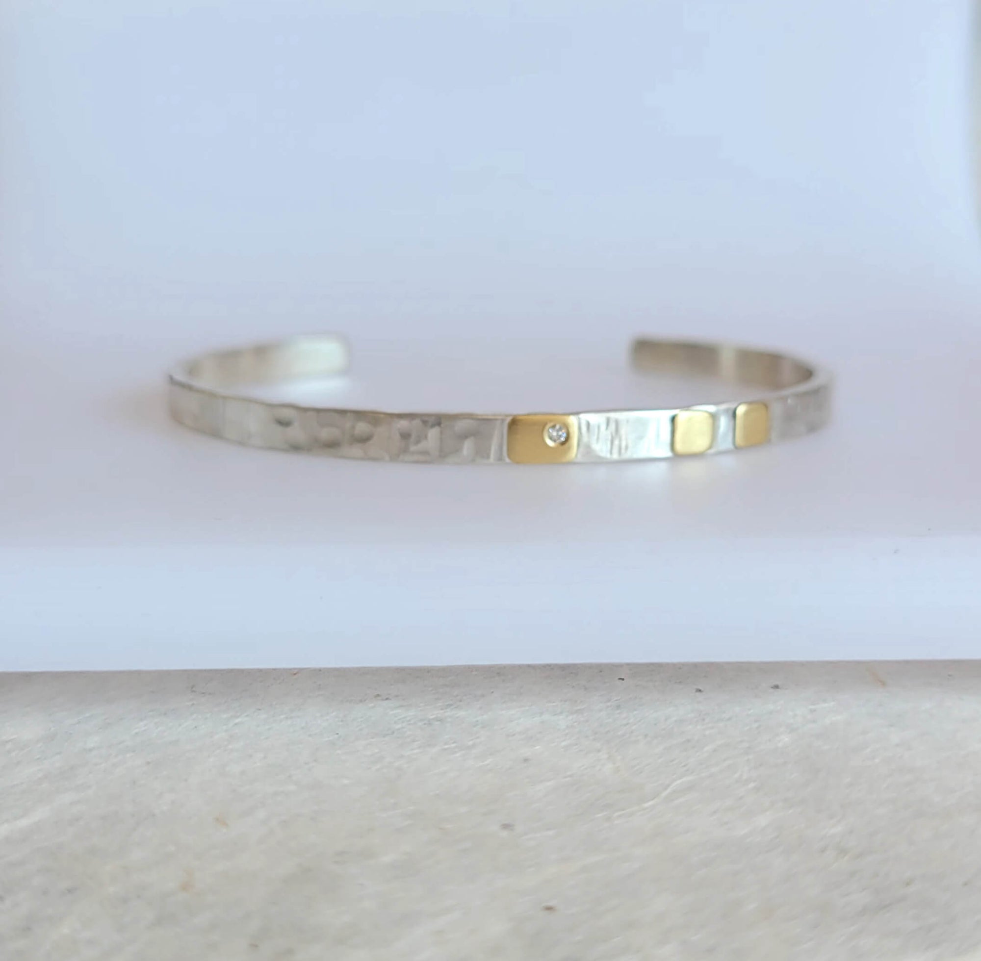 4mm Cell Cuff in Hammered Sterling Silver with Yellow Gold and Diamond Accents