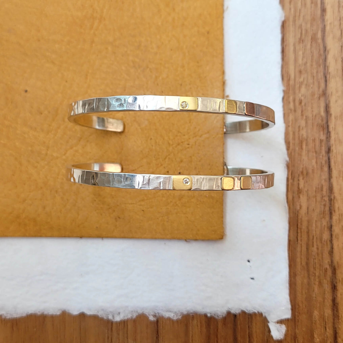 4mm Cell Cuff in Hammered Sterling Silver with Gold and Diamond Accents