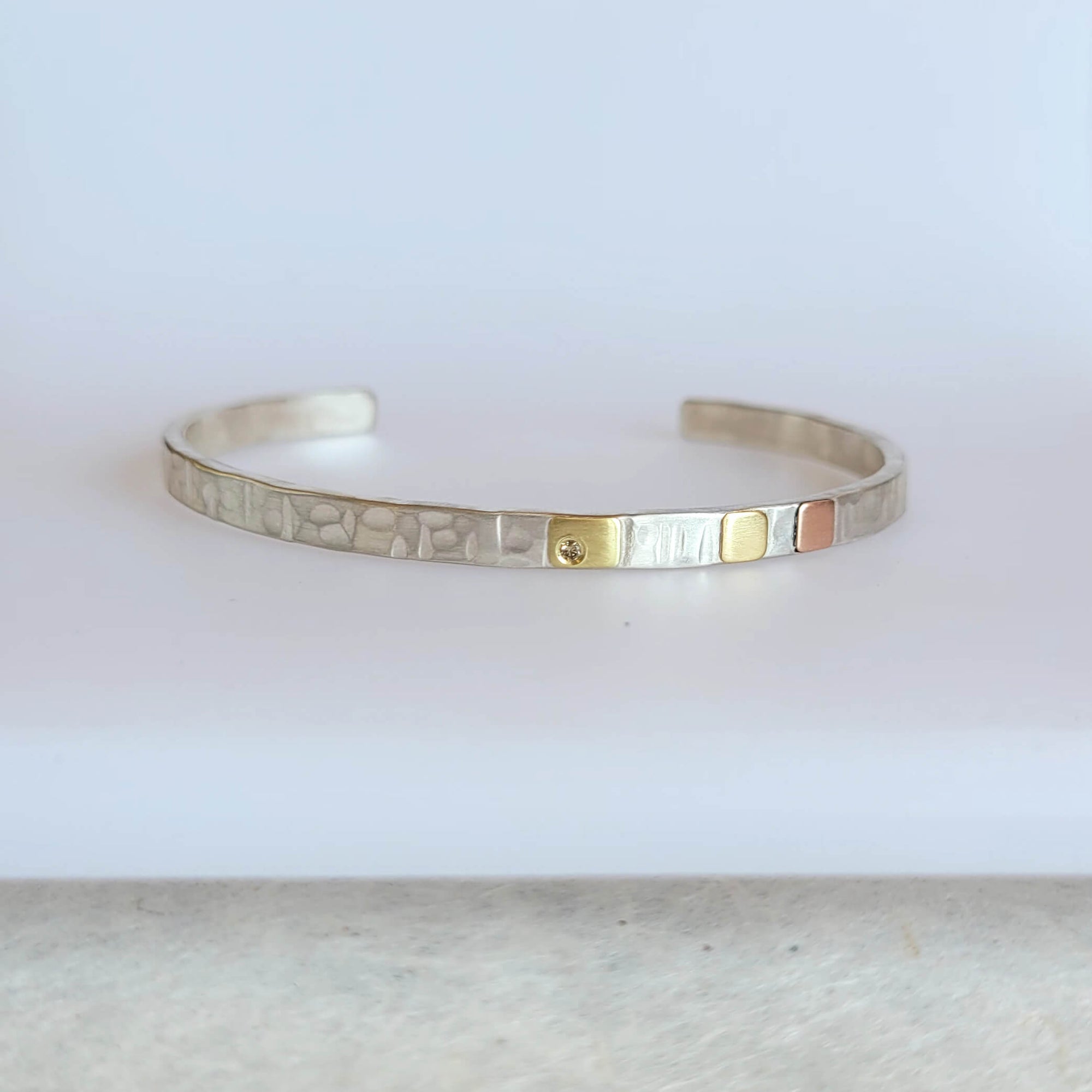 4mm Cell Cuff in Hammered Sterling Silver with Gold and Diamond Accents