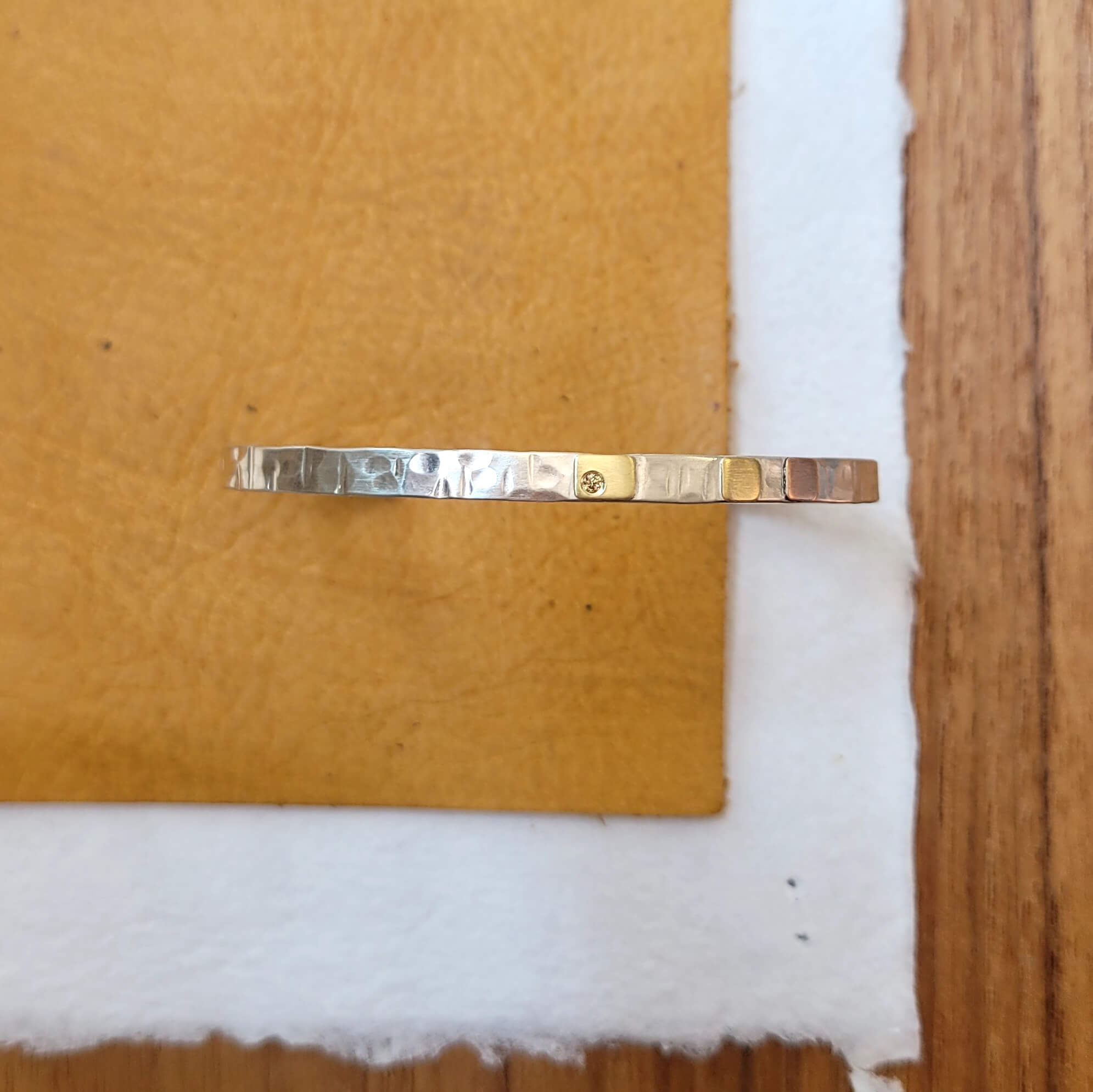 4mm Cell Cuff in Hammered Sterling Silver with Gold and Diamond Accents