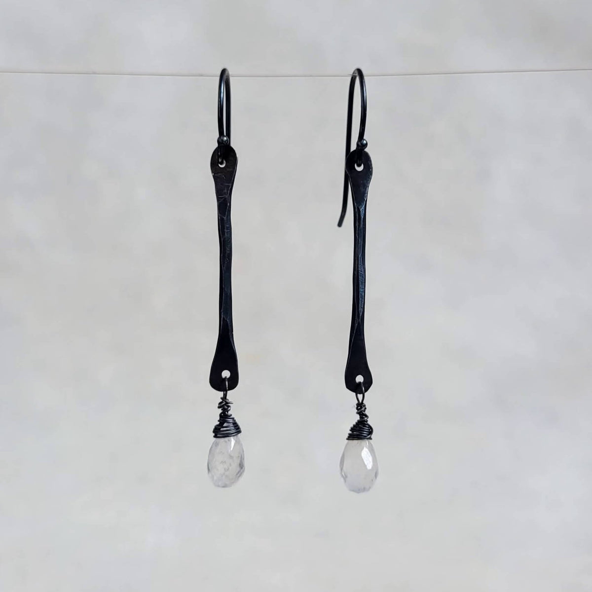 Oxidized Twig Earrings with Rainbow Moonstone Drops