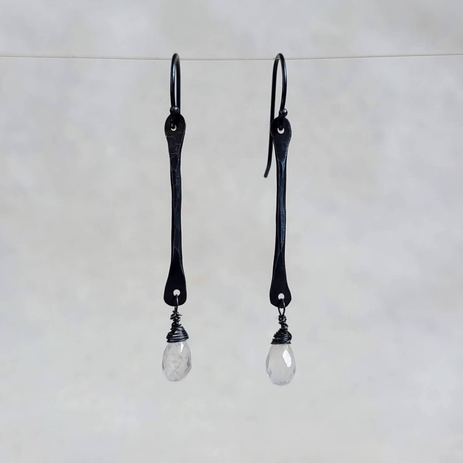 Oxidized Twig Earrings with Rainbow Moonstone Drops