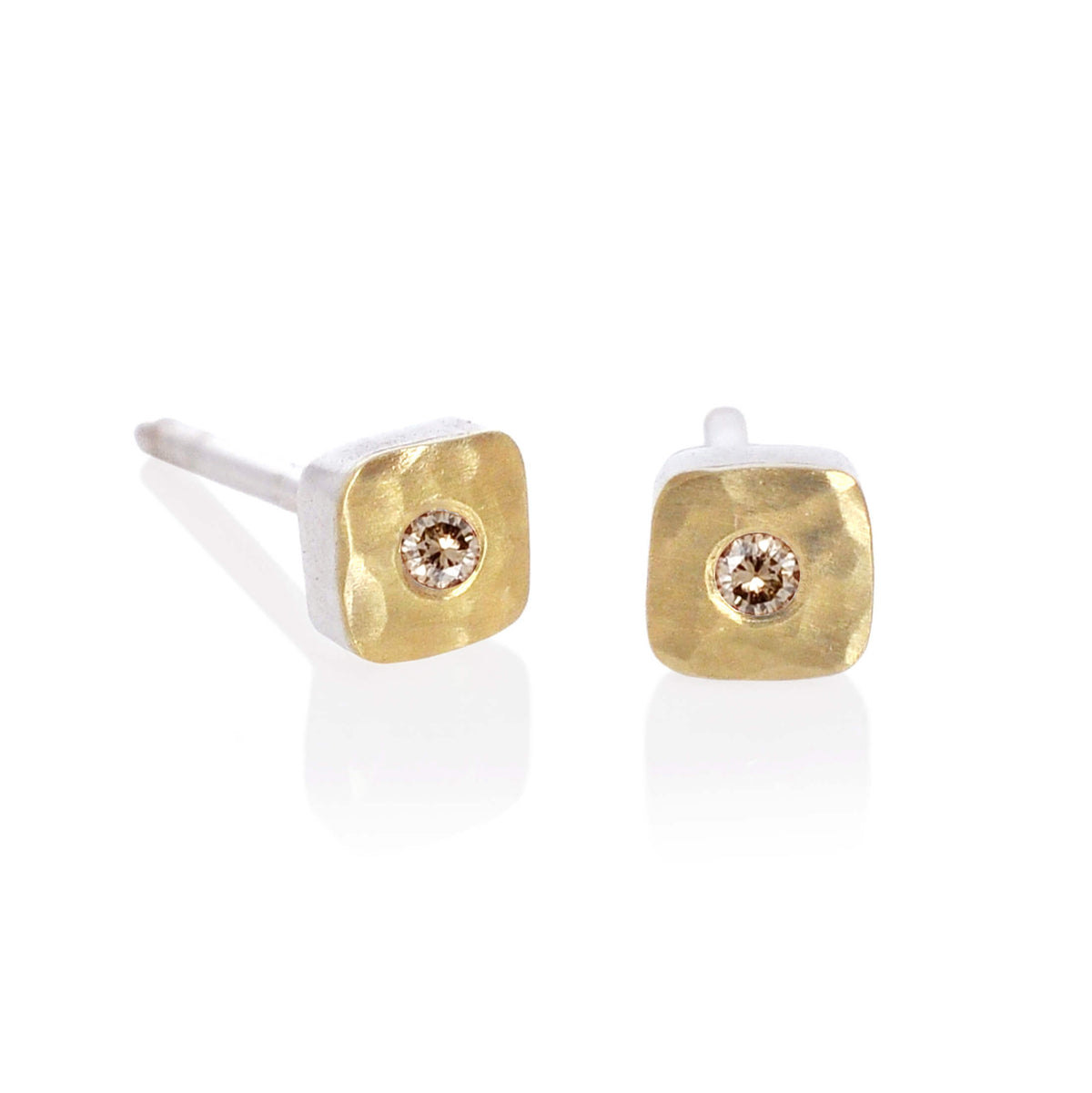 4mm Cell Studs in Hammered Gold with Champagne Diamonds Accents