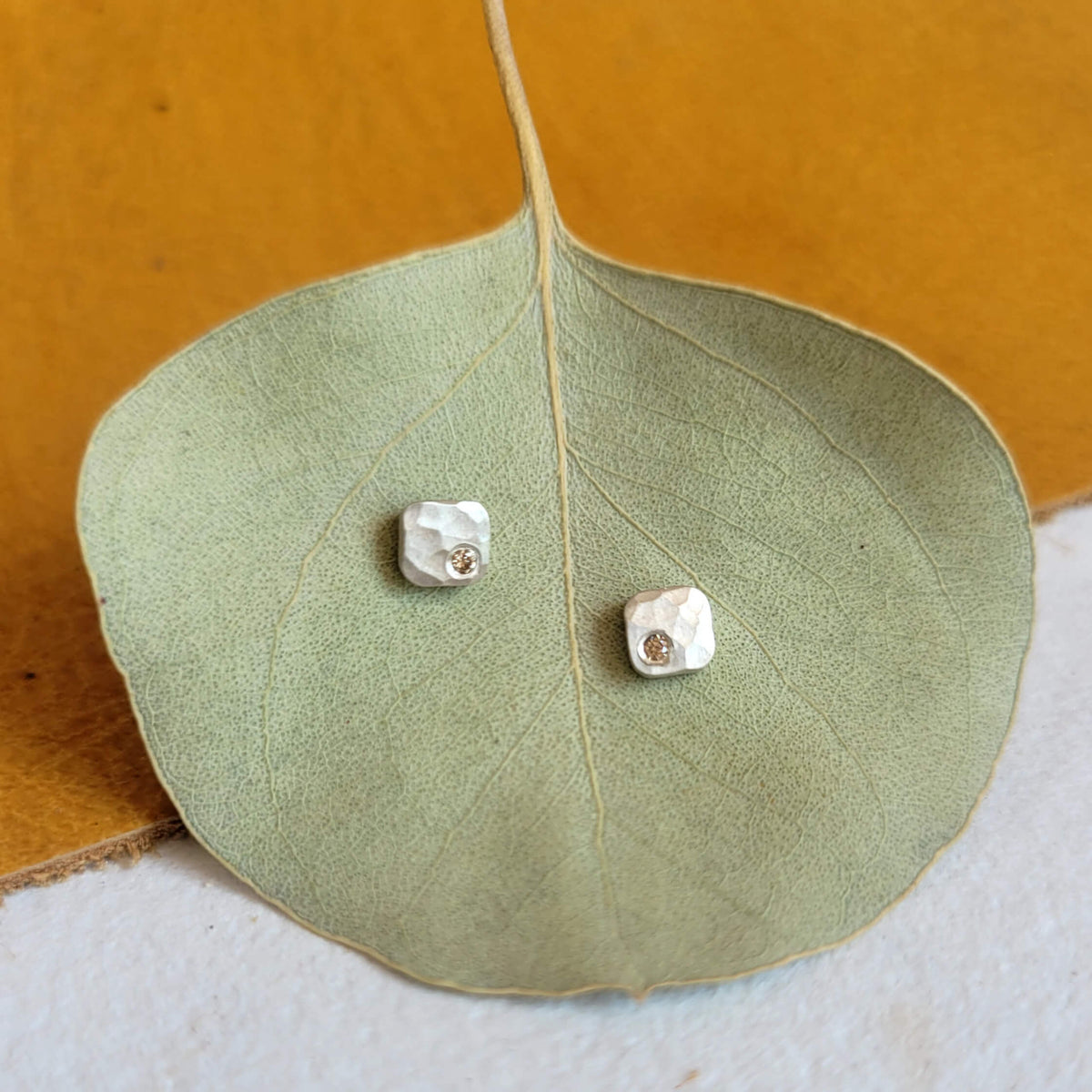 4mm Cell Studs in Hammered Silver with Champagne Diamond Accents