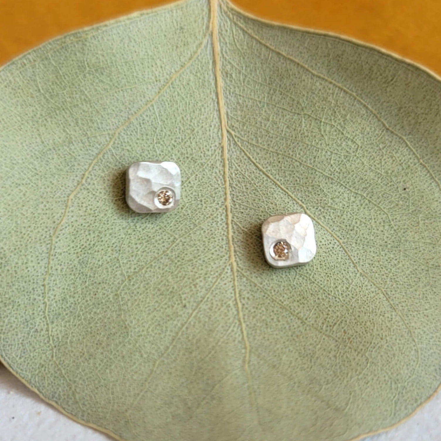 4mm Cell Studs in Hammered Silver with Champagne Diamond Accents