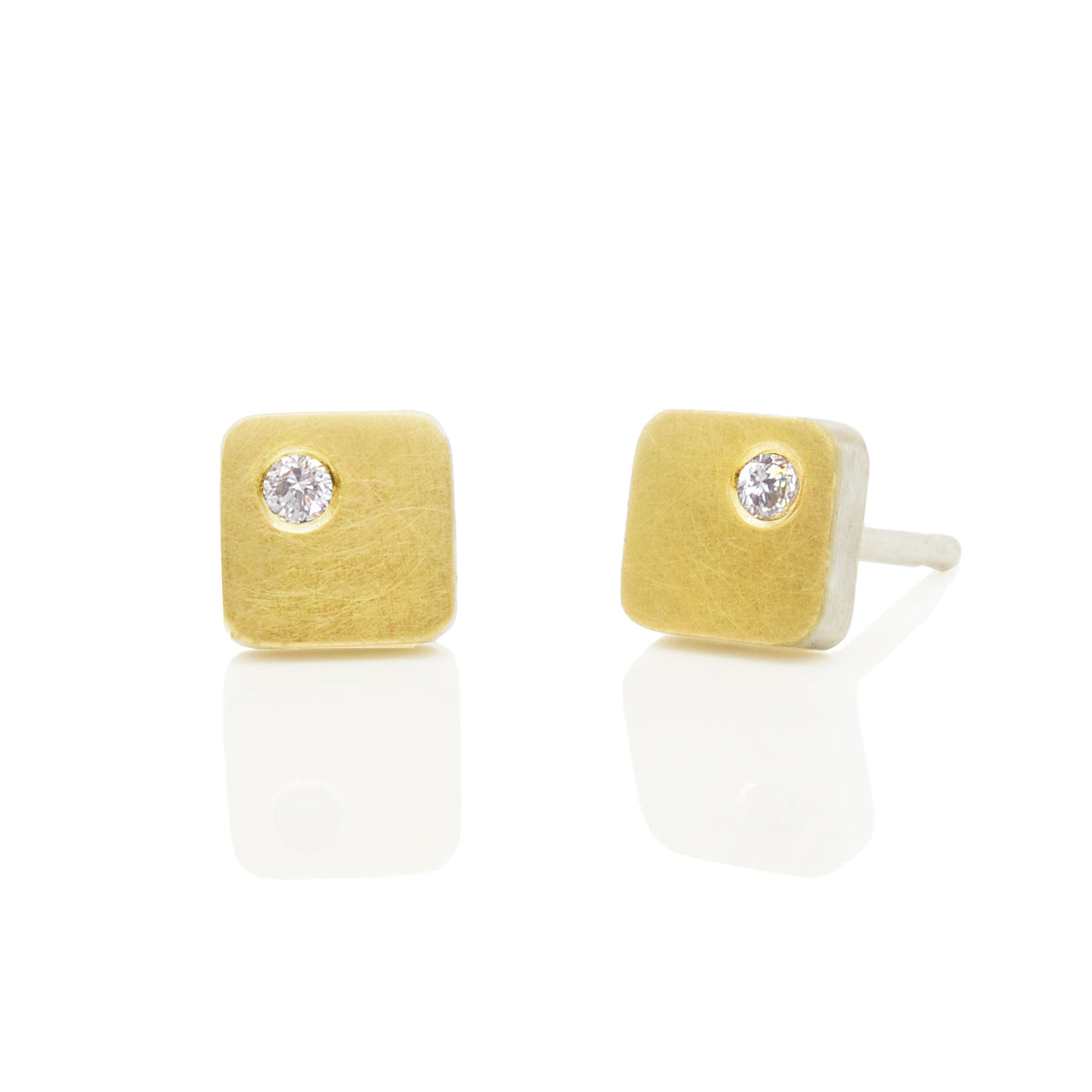 6mm Cell Studs in Satin Yellow Gold with White Diamond Accents
