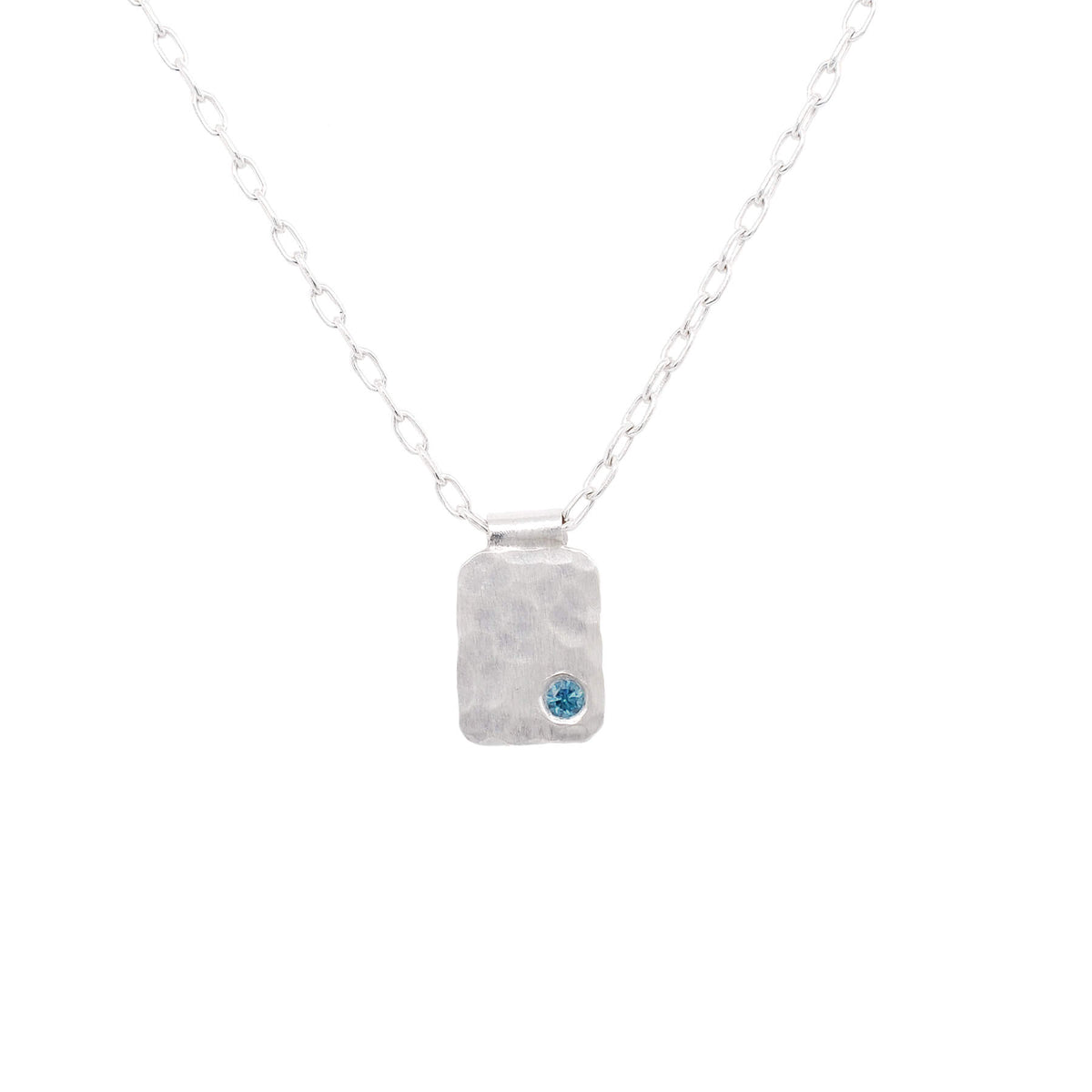 Rectangle Cell Pendant in Hammered Silver with Blue Diamond Accent