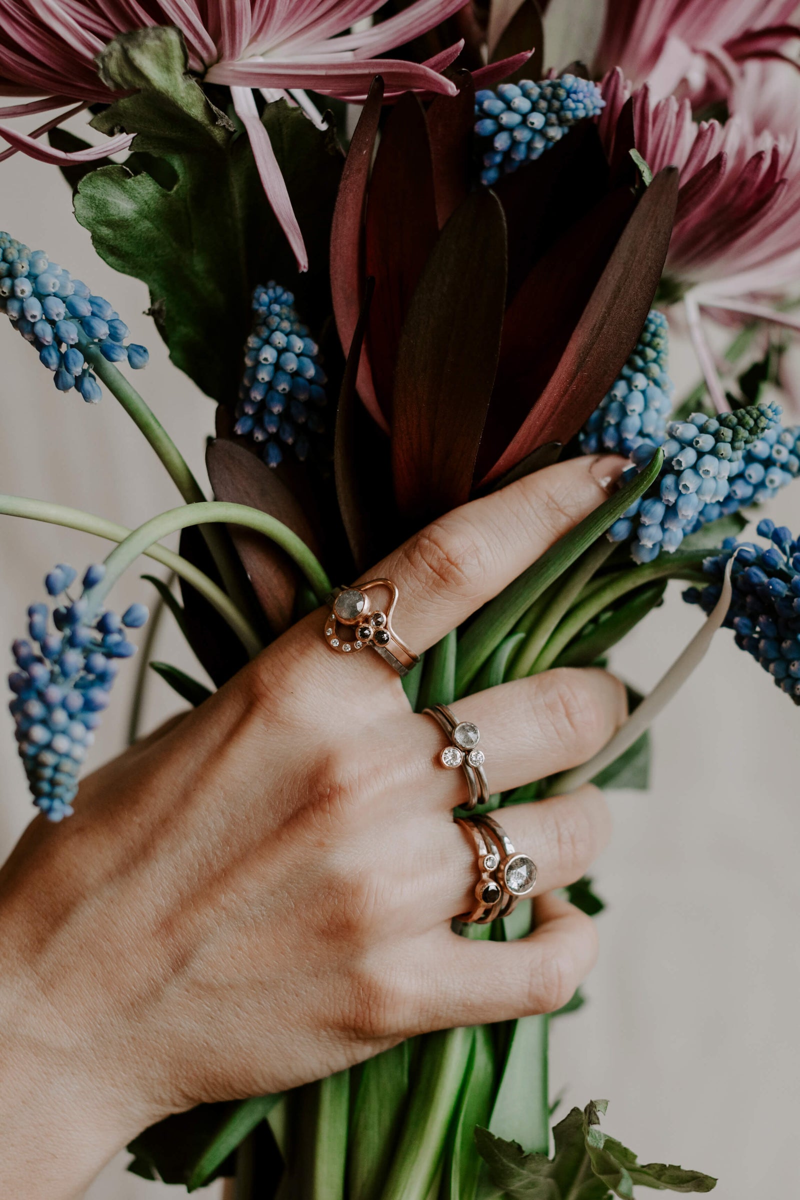 Handmade ring stacks made with recycled metal. Ethically created by EC Design Jewelry in Minneapolis, MN.