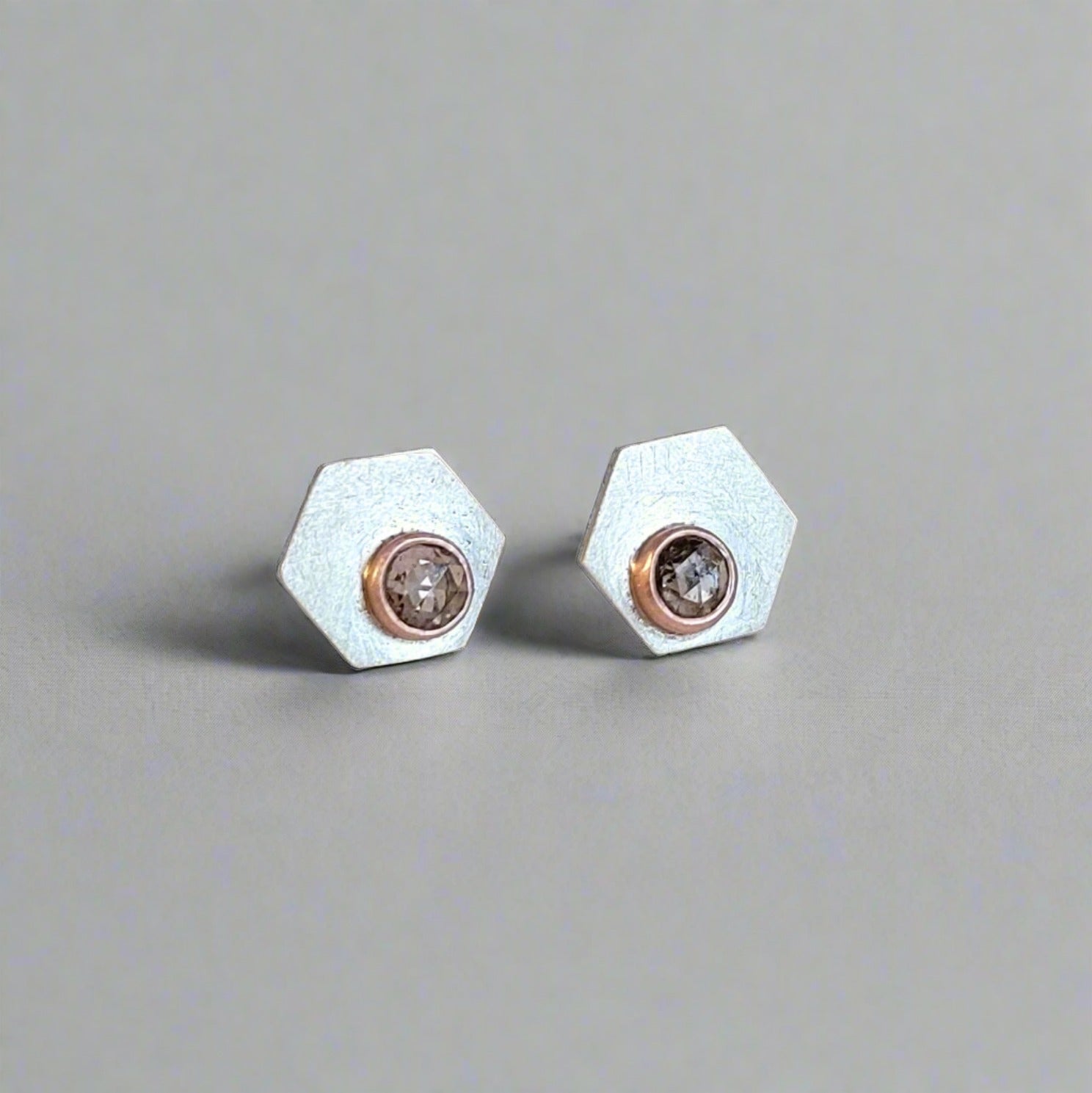 Hexagon Silver Studs with Champagne Diamonds