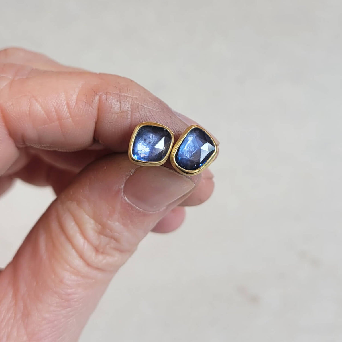 Free-form Blue Sapphire Stud Earrings in Yellow Gold Bezels
