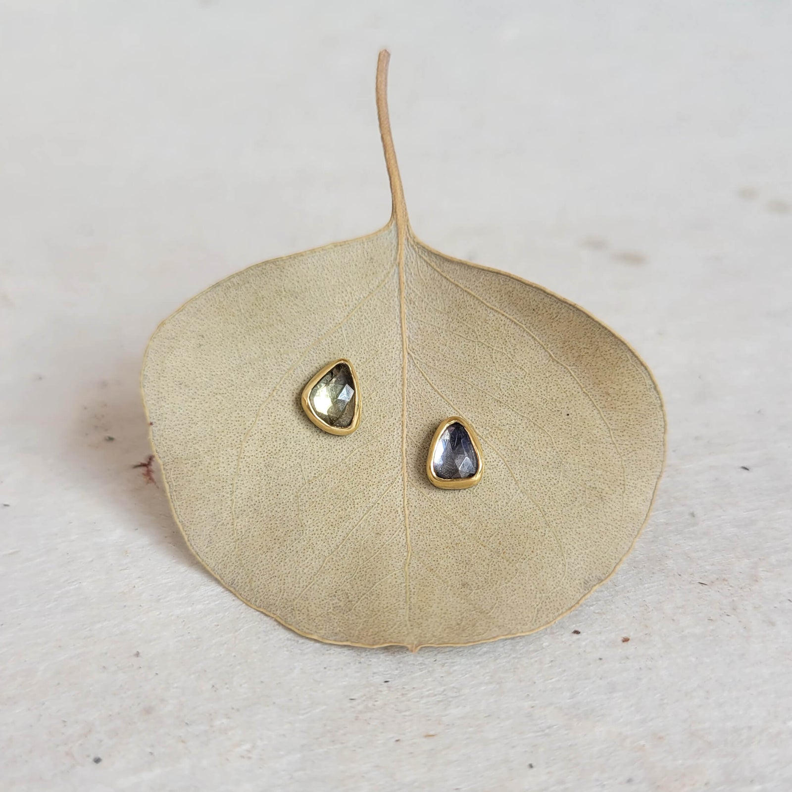 Mis-matched Rose Cut Sapphire Triangle Stud Earrings in Yellow Gold