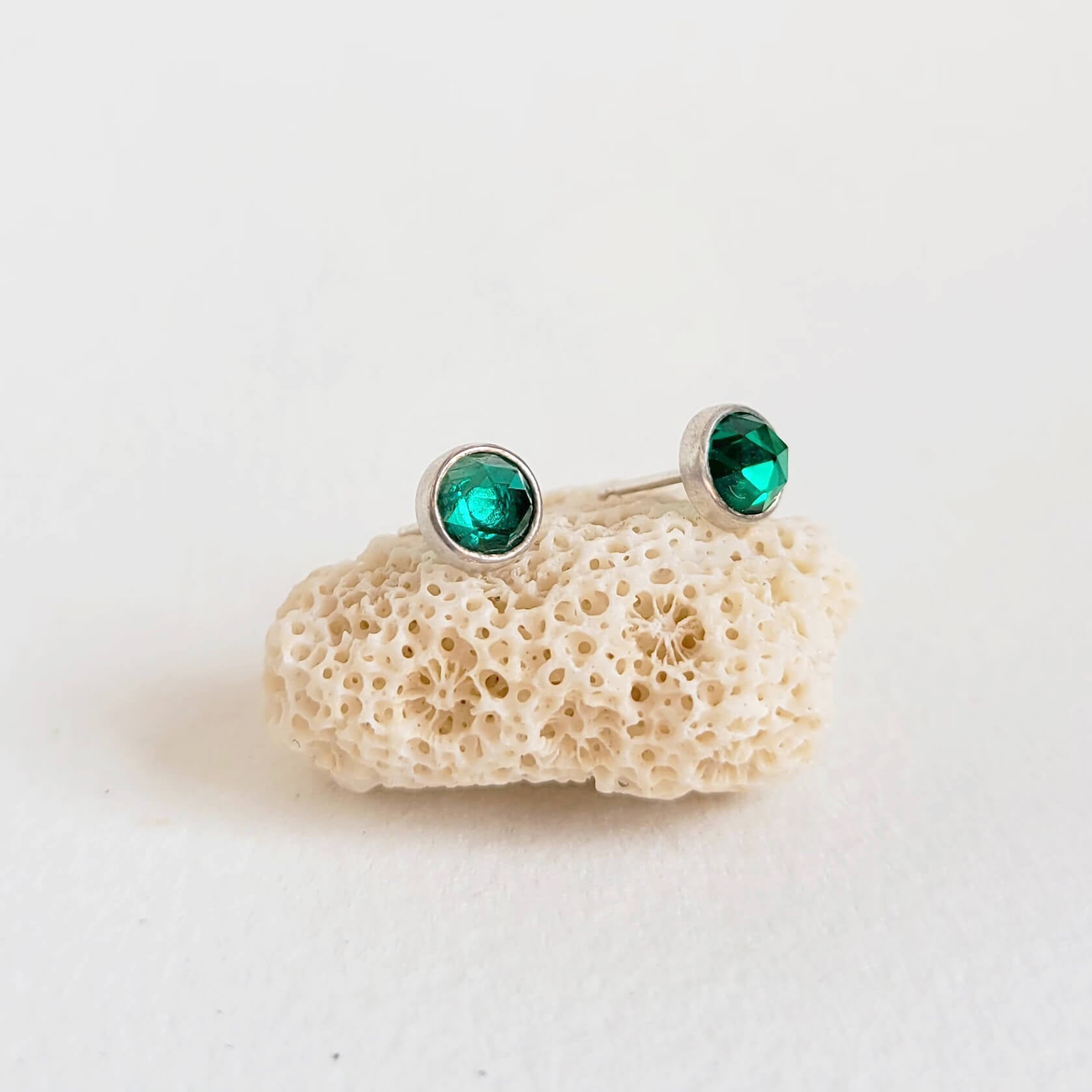 Rose Cut Emerald Stud Earrings in Silver