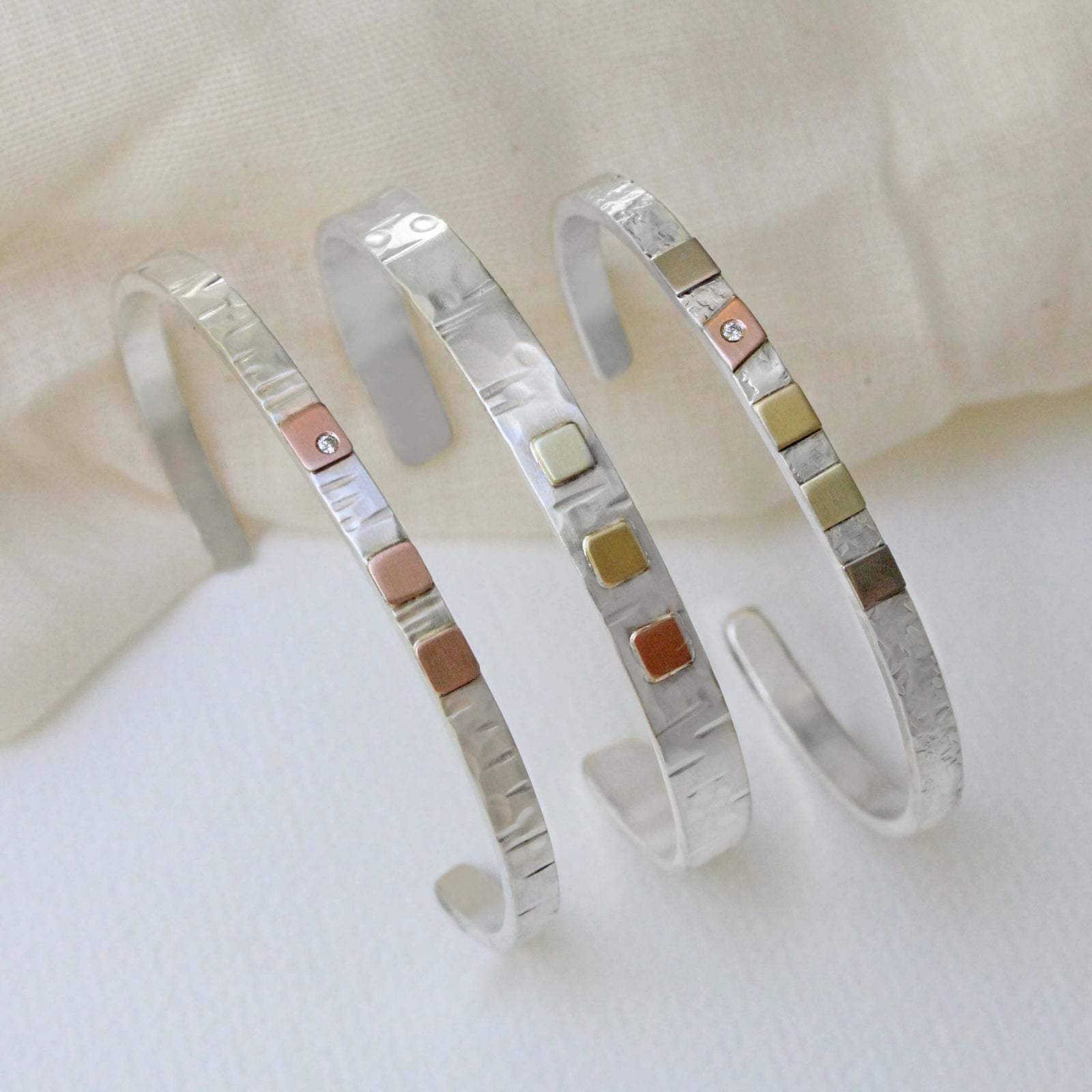 Cell Cuff in Random Hammered Sterling Silver with Mixed Golds