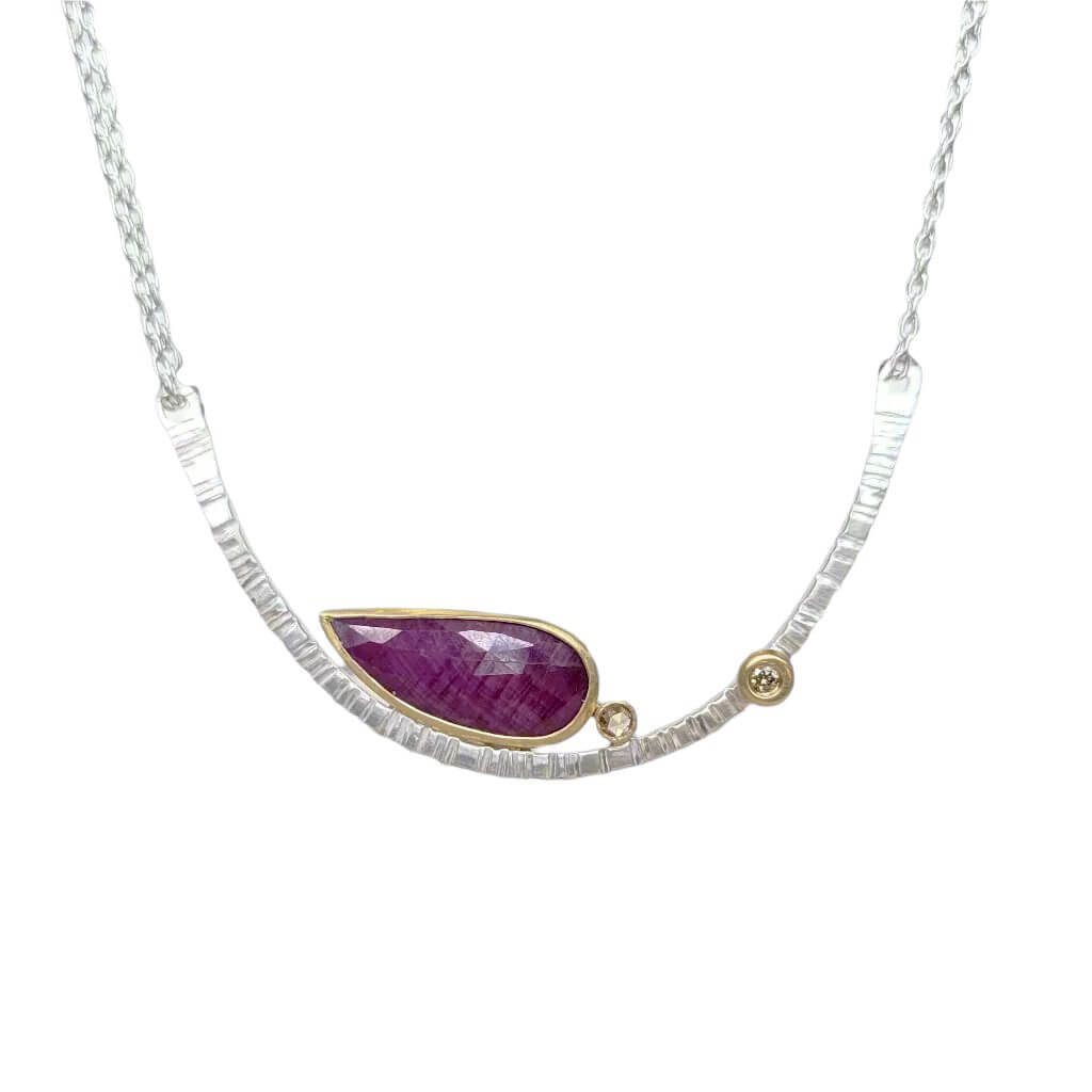 Forged Necklace in Sterling Silver with 18k Yellow Gold accents and a Rose Cut Rustic Ruby and Diamond Accents