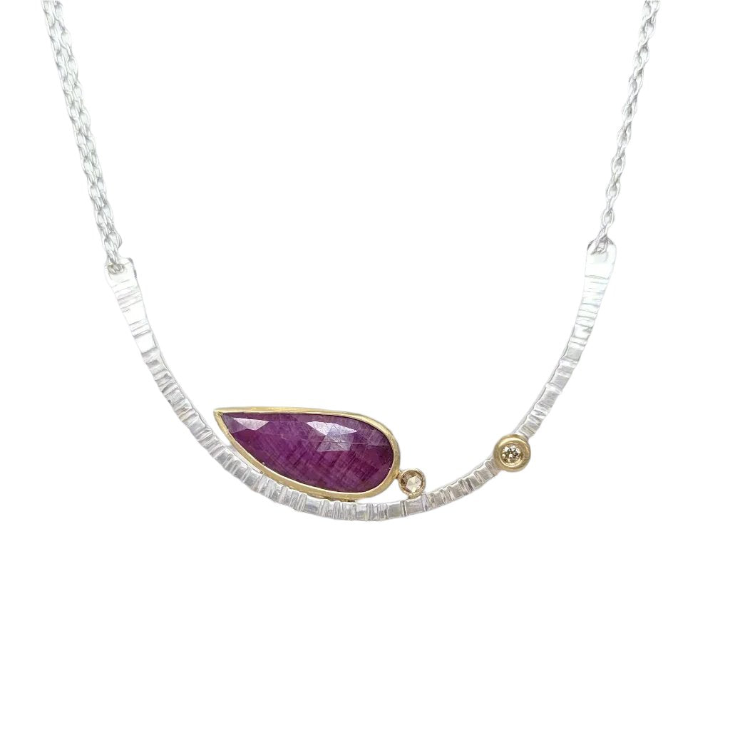 Forged Necklace in Sterling Silver with 18k Yellow Gold accents and a Rose Cut Rustic Ruby and Diamond Accents