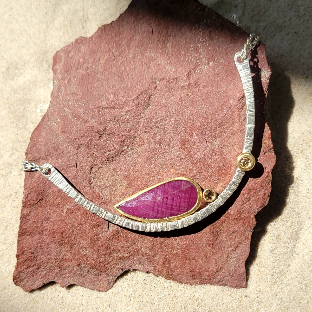 Forged Necklace in Sterling Silver with 18k Yellow Gold accents and a Rose Cut Rustic Ruby and Diamond Accents