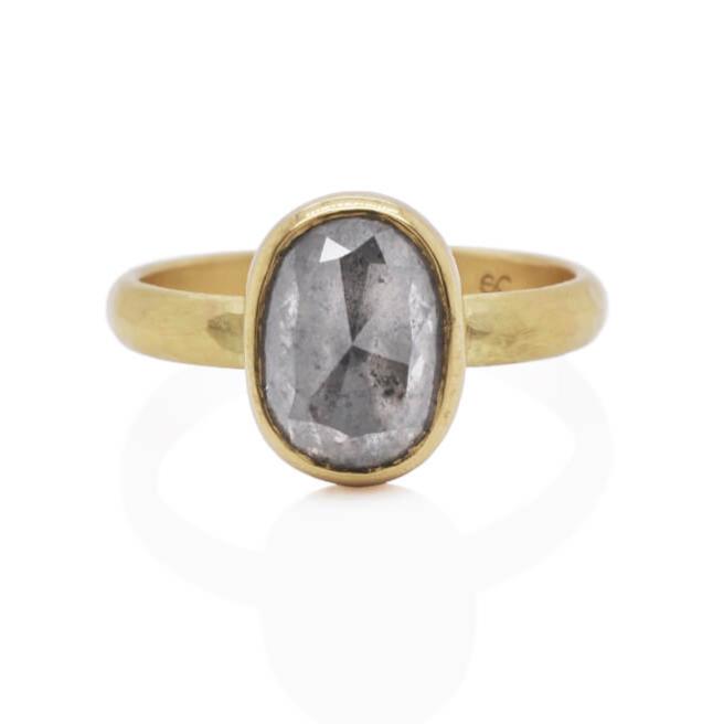 Oval Salt and Pepper Rose Cut Diamond Ring in Yellow Gold