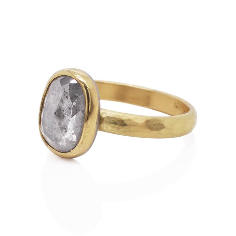 Oval Salt and Pepper Rose Cut Diamond Ring in Yellow Gold