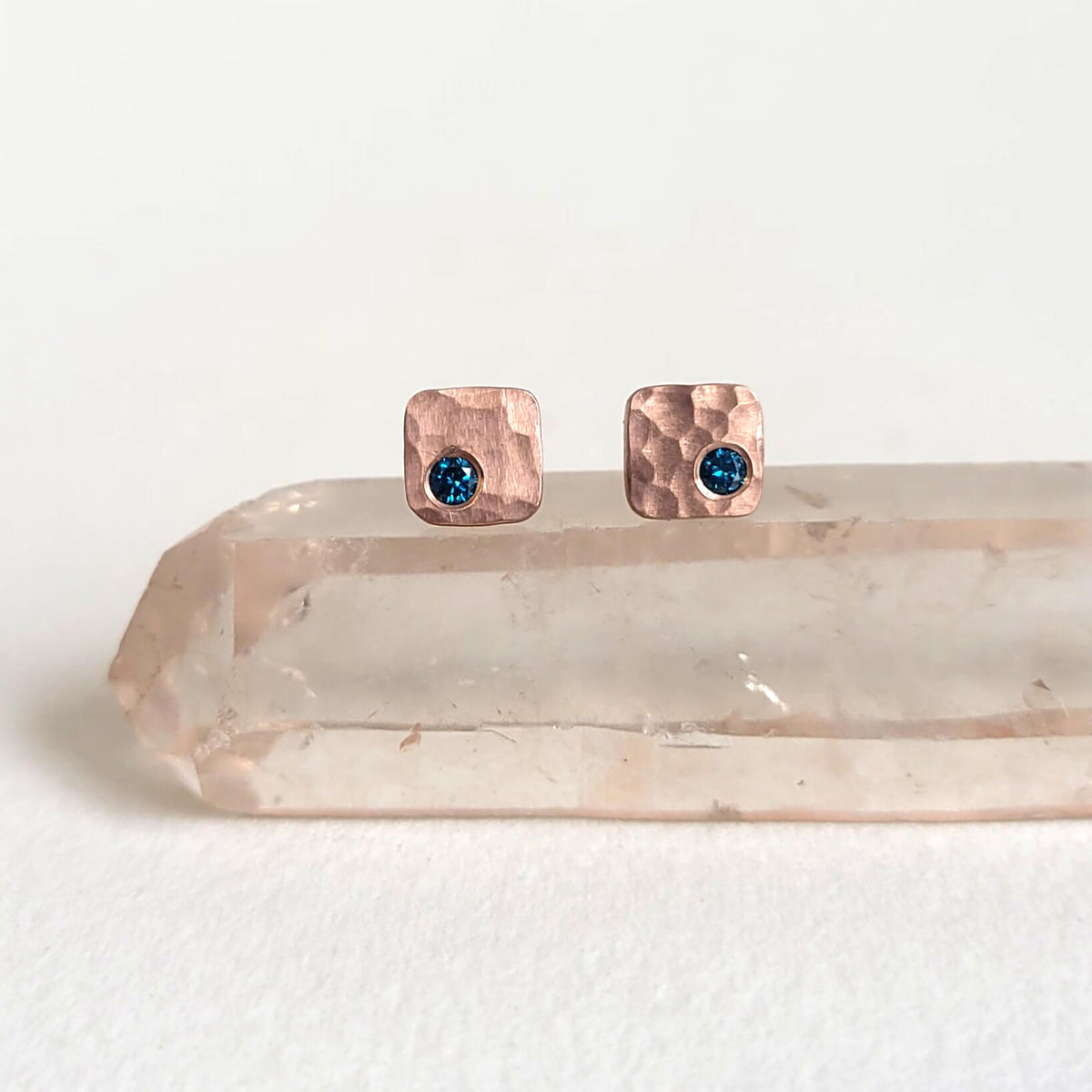 Solid Rose Gold Hammered Cell Studs with Blue Diamonds